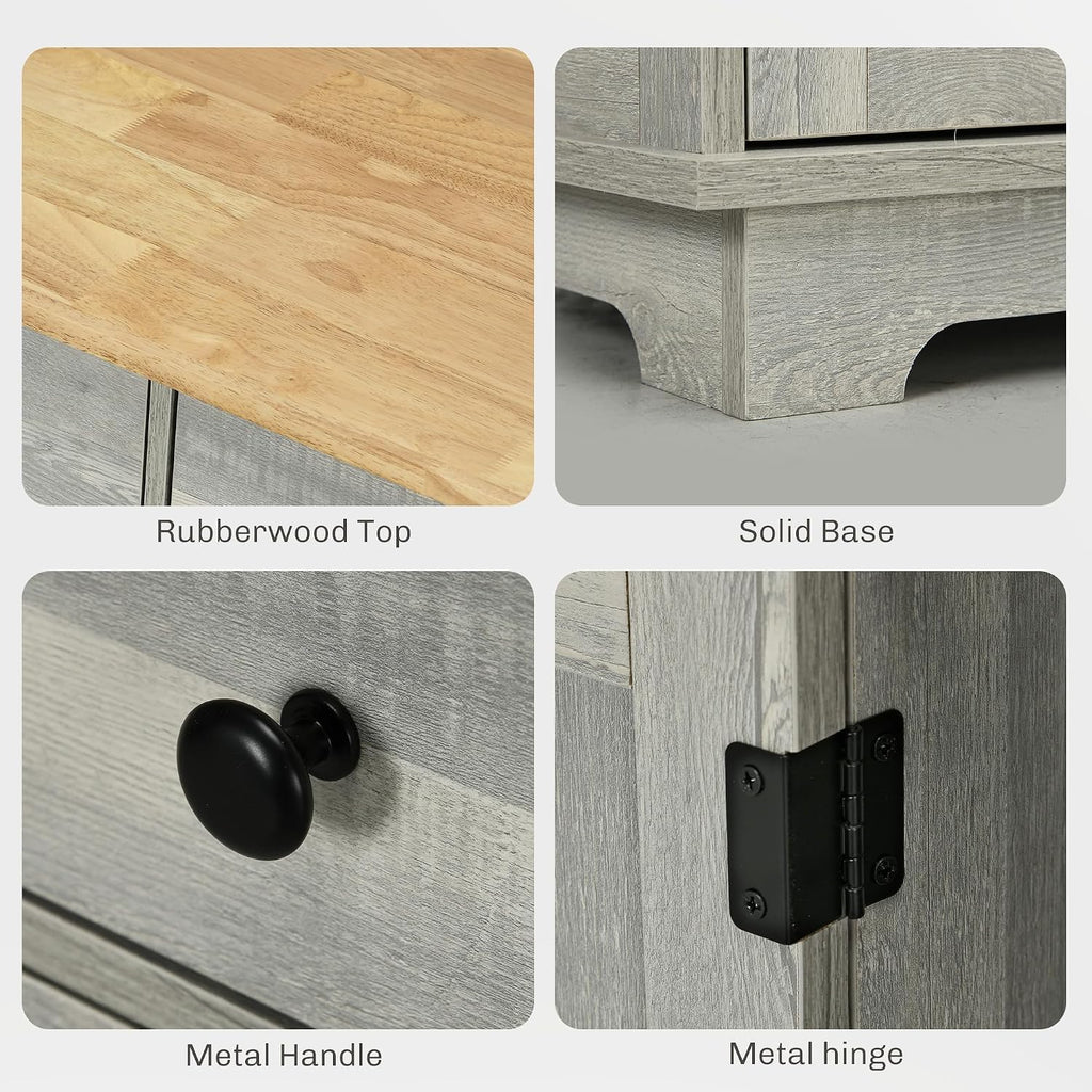 HOMCOM Sideboard Buffet Cabinet with Solid Wood Countertop, Modern Kitchen Storage Cabinet, Coffee Bar Cabinet with 3 Drawers, Doors and Adjustable Shelf, Distressed Light Gray