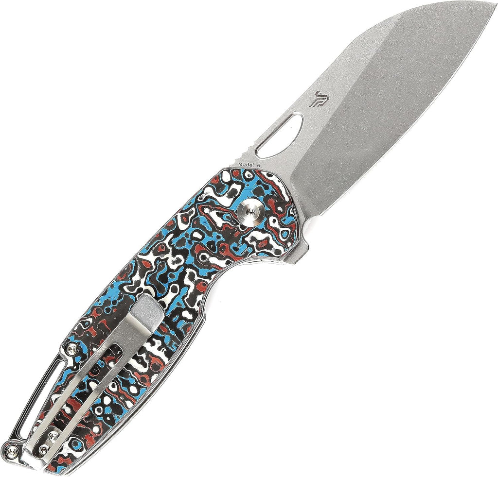KANSEPT Model 6 Pocket Folding Knives EDC Camping Folding Knife 3.1'' Stonewashed CPM 20CV Material Pocket Folding Knife with Red Black &White Carbon Fiber Handle Everyday Carry K1022A7