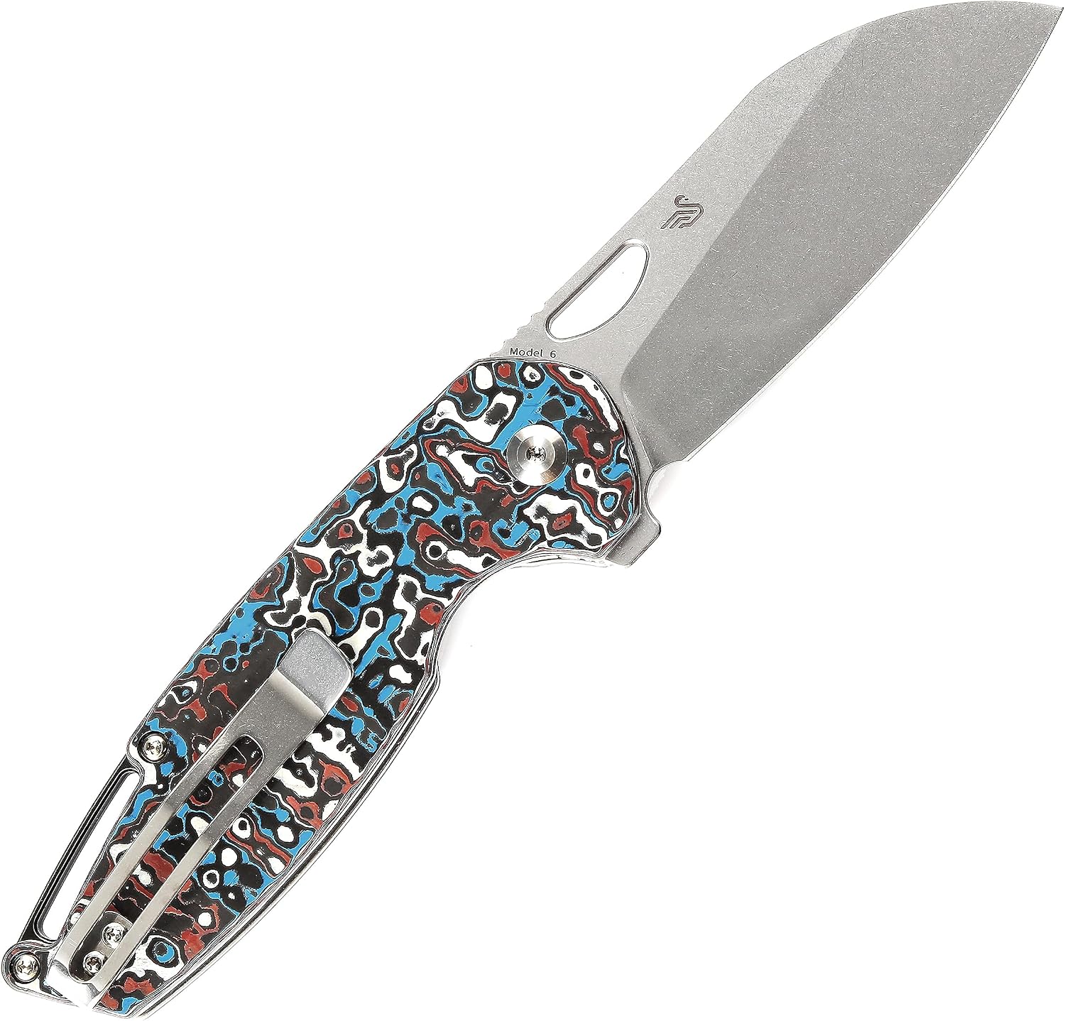 KANSEPT Model 6 Pocket Folding Knives EDC Camping Folding Knife 3.1'' Stonewashed CPM 20CV Material Pocket Folding Knife with Red Black &White Carbon Fiber Handle Everyday Carry K1022A7
