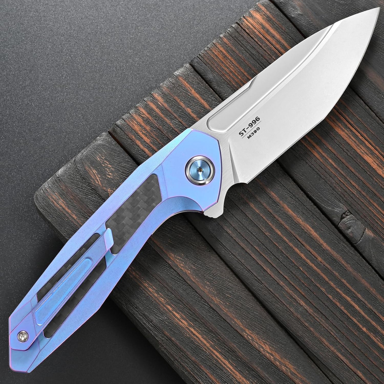Sitivien ST996 Folding Knife,Handmade M390 Pearlescent Polishing Blade,Titanium & Carbon Fiber Handle Pocket Knife for Outdoor Camping,Hiking,Hunting(Blue)