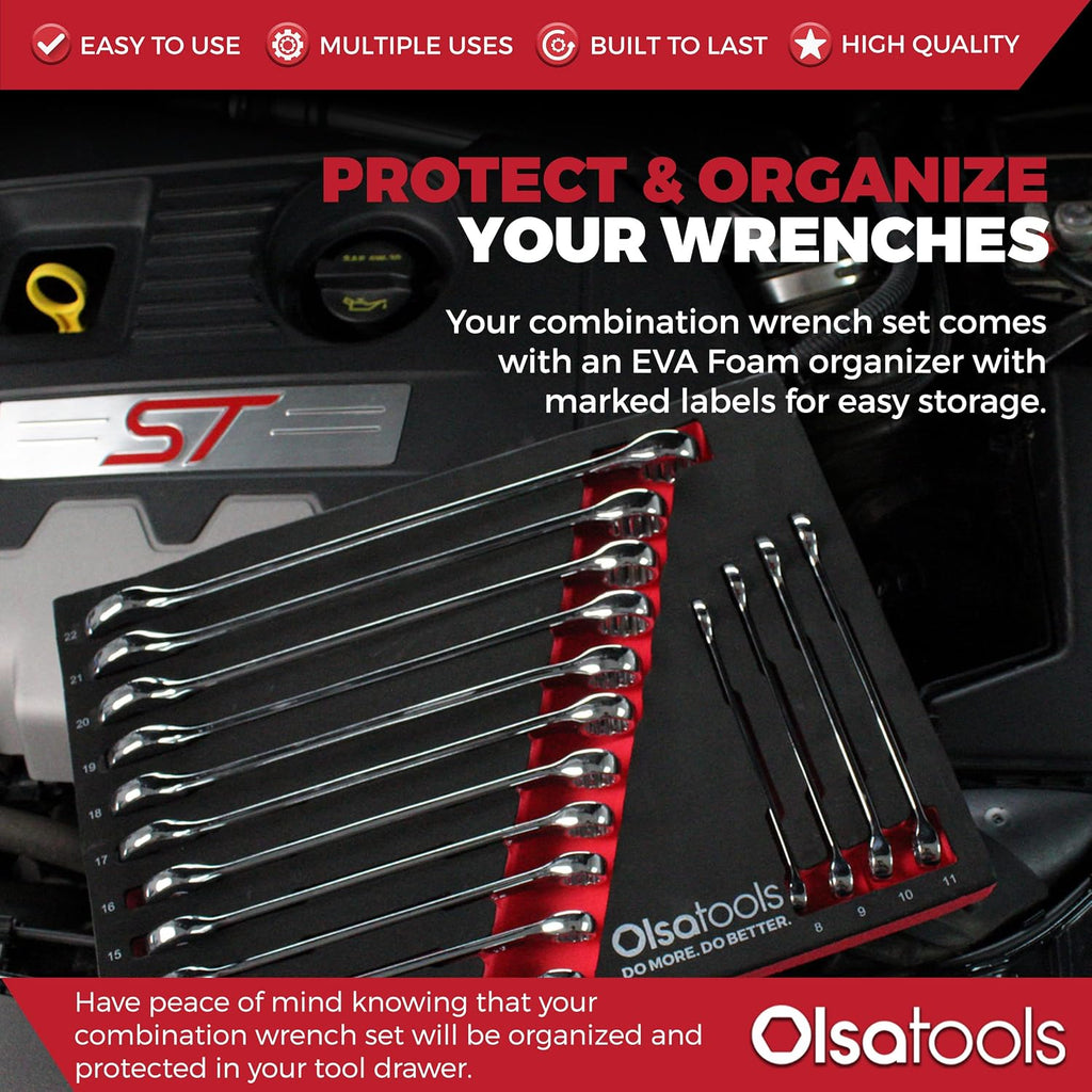 Olsa Tools 15 Pcs Metric Combination Wrench Set, Sizes 8-22mm, Unbreakable, Chrome Vanadium Steel, Polycarbonate