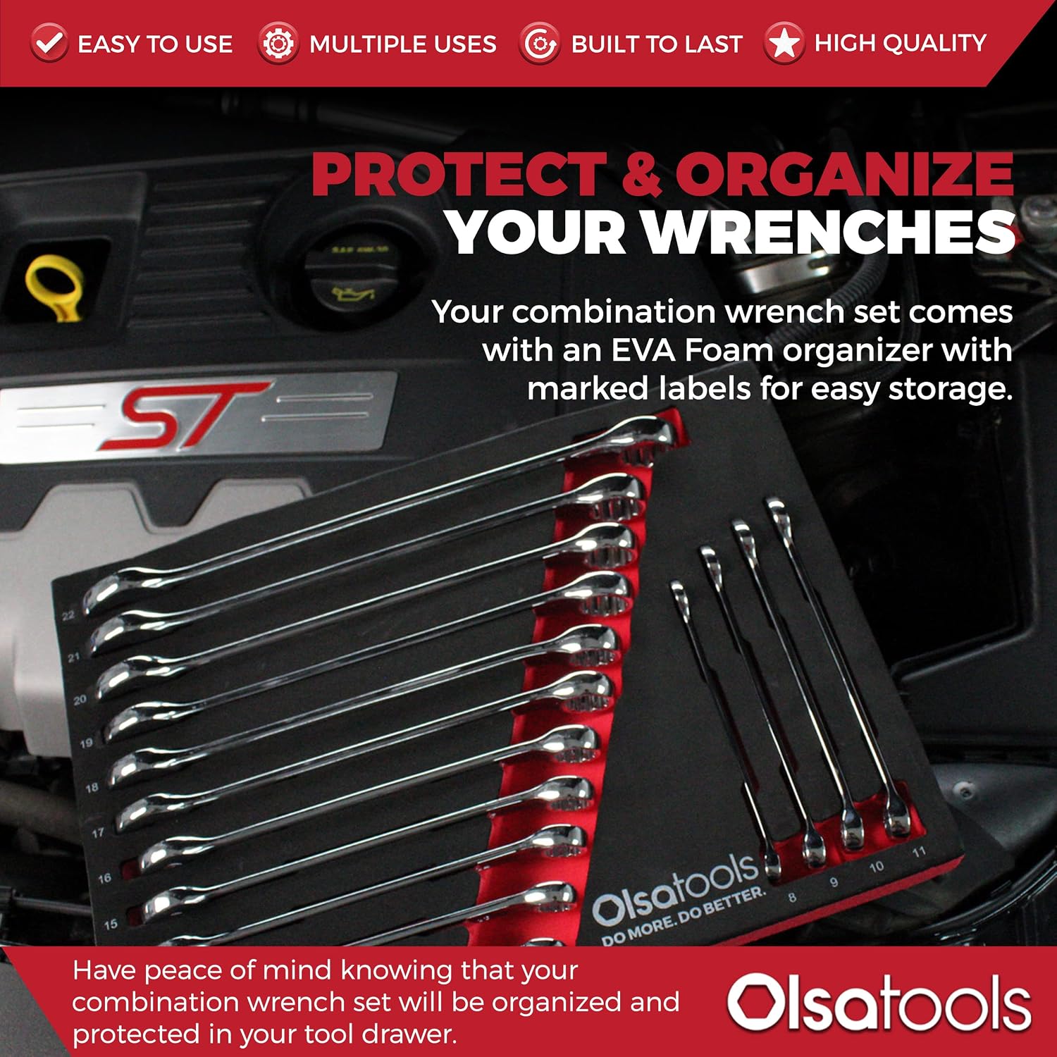 Olsa Tools 15 Pcs Metric Combination Wrench Set, Sizes 8-22mm, Unbreakable, Chrome Vanadium Steel, Polycarbonate