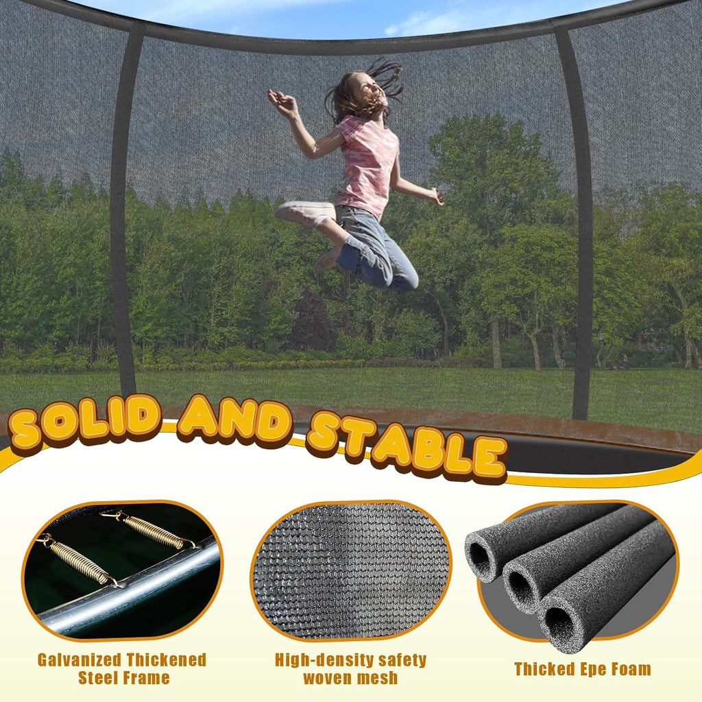 12FT 14FT Trampoline for Adults/Kids - Outdoor Trampoline with Basketball Hoop, Curved Poles, Enclosure Net and Ladder, Heavy Duty Recreational Trampoline, ASTM Approval