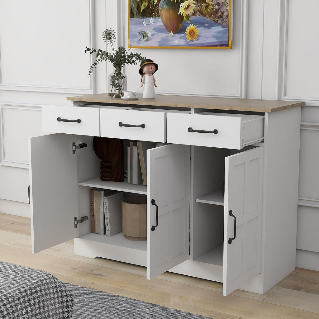 RASOO Sideboard Buffet Cabinet White Field Door Panel Kitchen Side Board Cabinet with Storage 3 Doors and 3 Drawers for Living Room, Kitchen (Grid Doors)