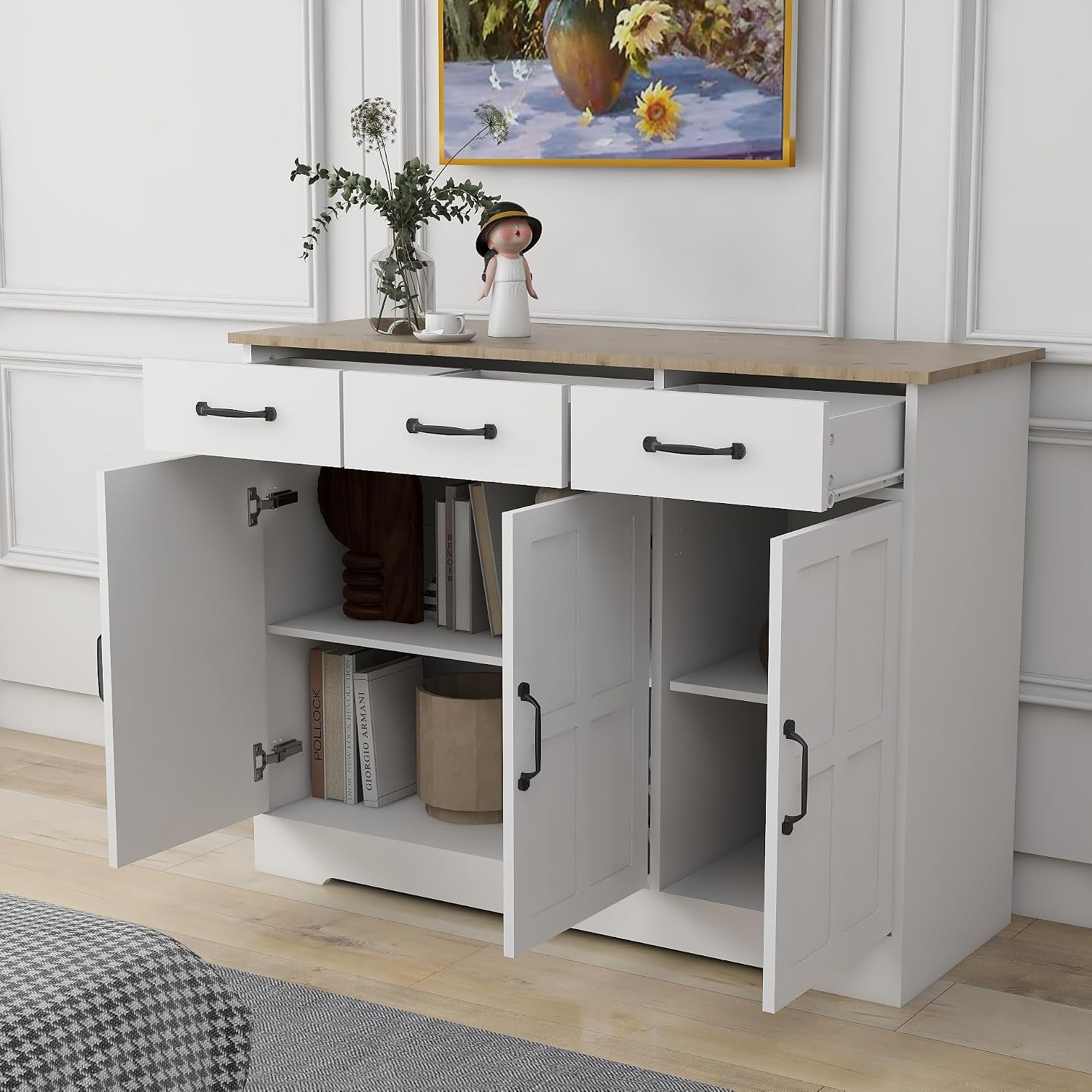 RASOO Sideboard Buffet Cabinet White Field Door Panel Kitchen Side Board Cabinet with Storage 3 Doors and 3 Drawers for Living Room, Kitchen (Grid Doors)