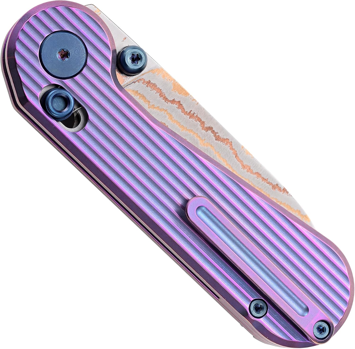Hightron EdgePlay Premium Fidget Knife 2.64' Copper Damascus Blade and Titanium Handle Tactical EDC Knives with Pocket Clip Axis-Lock for Men Women Lightweight Folding Knife for Outdoor Indoor Purple