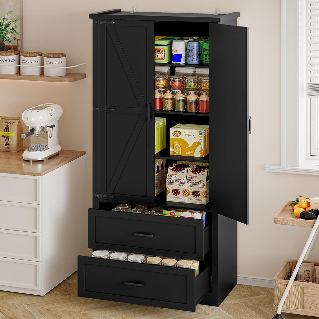 BORNOON Pantry Organizers and Storage Cabinet, 71' Barn Door White Kitchen Cabinet with Drawers and Adjustable Shelf, Tall Pantry for Kitchen, Dining Room, Living Room. Bathroom and Office