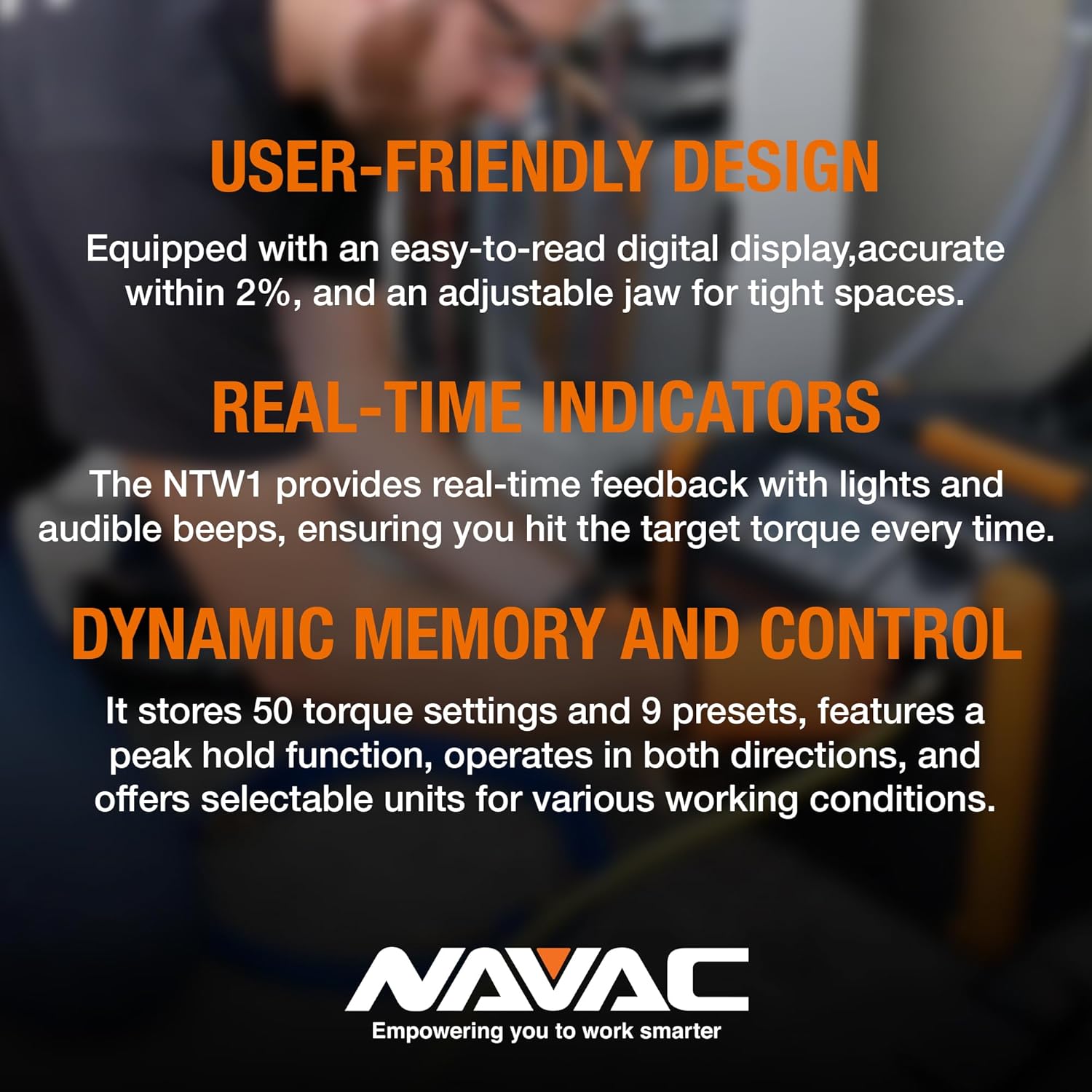 NAVAC NTW1 Digital Torque Wrench - Adjustable Jaw - Digital Readout - Torque Settings Memory - Dual Direction - Selectable Measuring Units - Indicator Lights and Sound - 1 Year Warranty