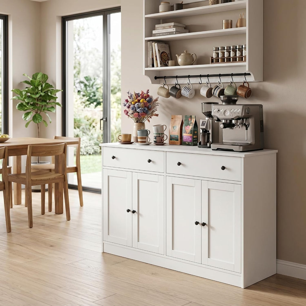 holzart 49' White Buffet Cabinet with Doors & Drawers, Modern Kitchen Storage Sideboard, Coffee Bar Console Table for Dining Room, Living Room, Entryway