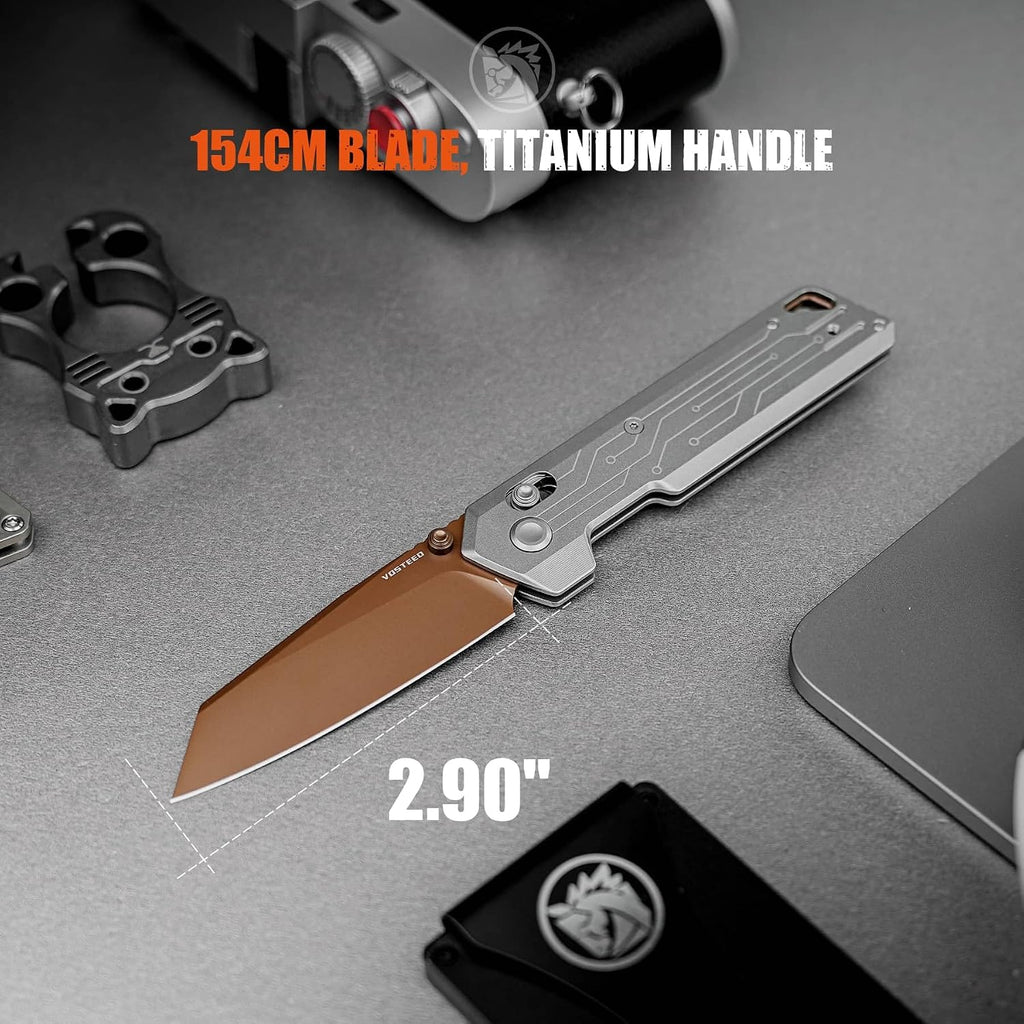Vosteed Parallel Ultra Thin Folding Pocket Knife - 2.90' 154CM Copper Dune Blade, Reverse Tanto - Crossbar Lock, Circuit Titanium Handle - Outdoors, Camping Knives - A3520