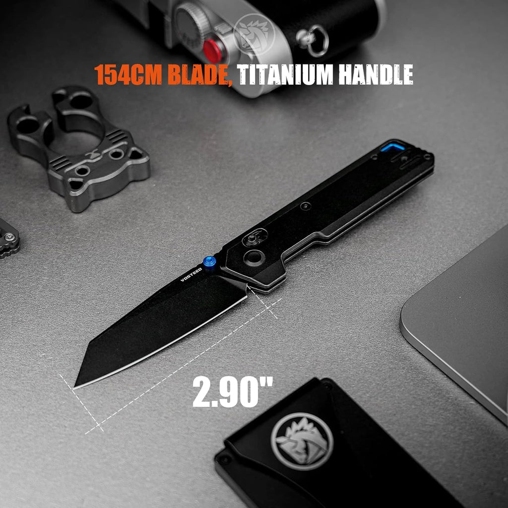 Vosteed Ultra Thin Folding Pocket knife for Men & Women, 2.9' 154CM Blade, Thumb Stud, Cross-bar Lock Titanium Handle EDC Slim Knives - Parallel A3501