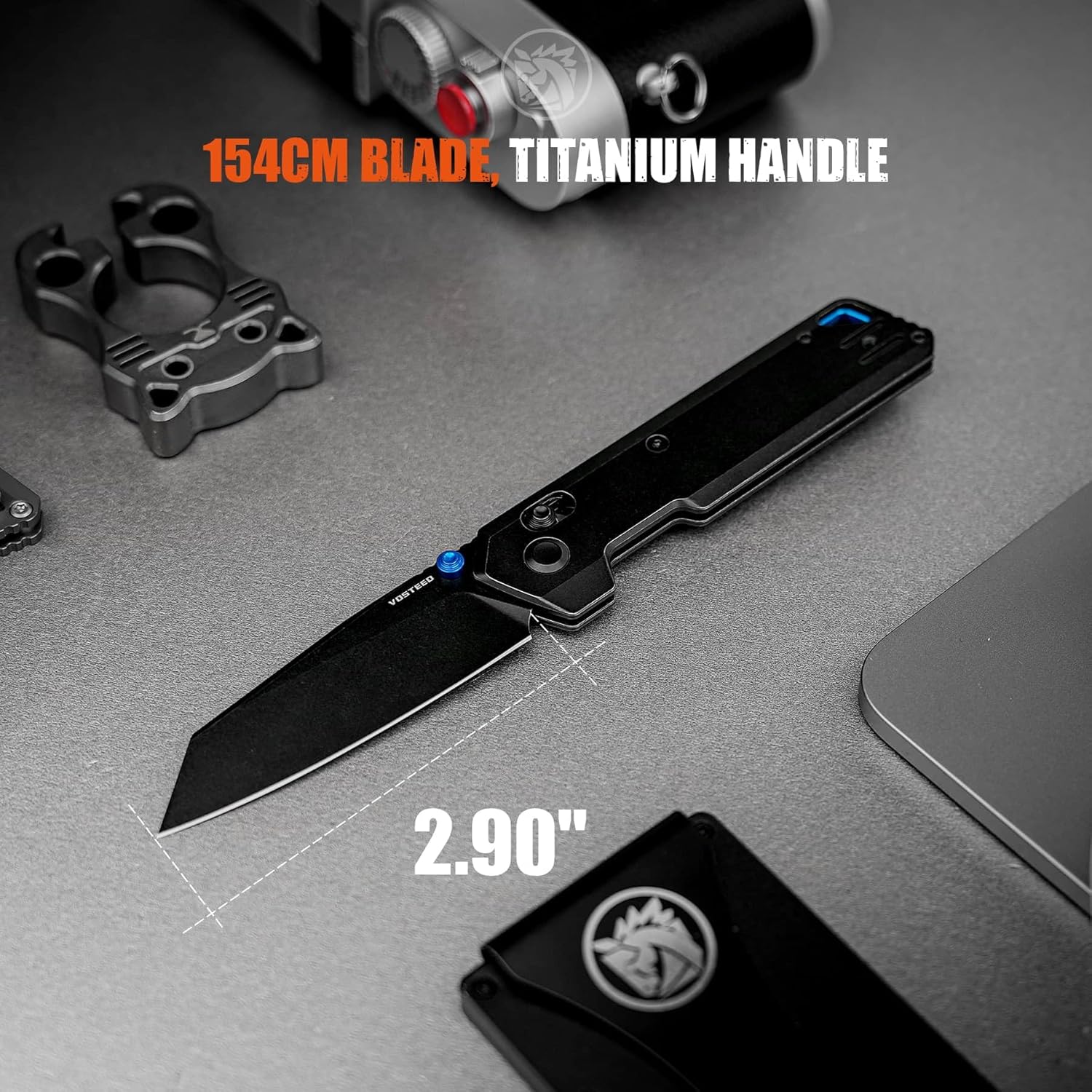 Vosteed Ultra Thin Folding Pocket knife for Men & Women, 2.9' 154CM Blade, Thumb Stud, Cross-bar Lock Titanium Handle EDC Slim Knives - Parallel A3501