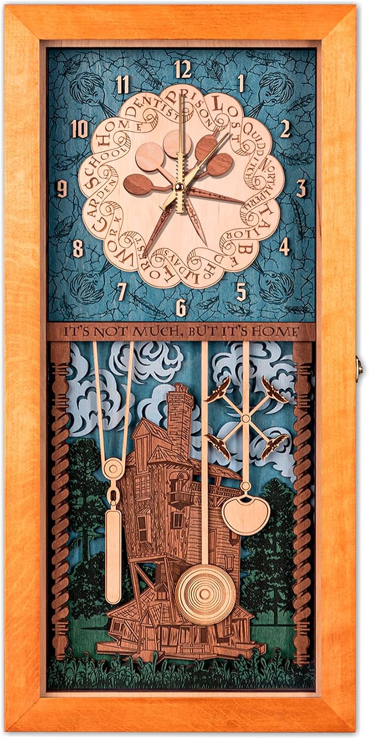ZE WOOD Weasley Family Harry Potter 3D Wall Clock - Unique Collectible Oak Brown Wooden Clock, Silent Large Modern Rustic Decorative Home Decor for Harry Potter Fans, Mother's Day Gift (5 spoons, M)