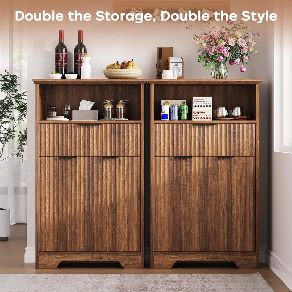 Fluted Buffet Cabinet with Storage, Modern Coffee Bar Cabinet with Drawer & Adjustable Shelf, Wood Sideboard Cabinet for Kitchen, Bathroom, Entryway and Living Room Walnut