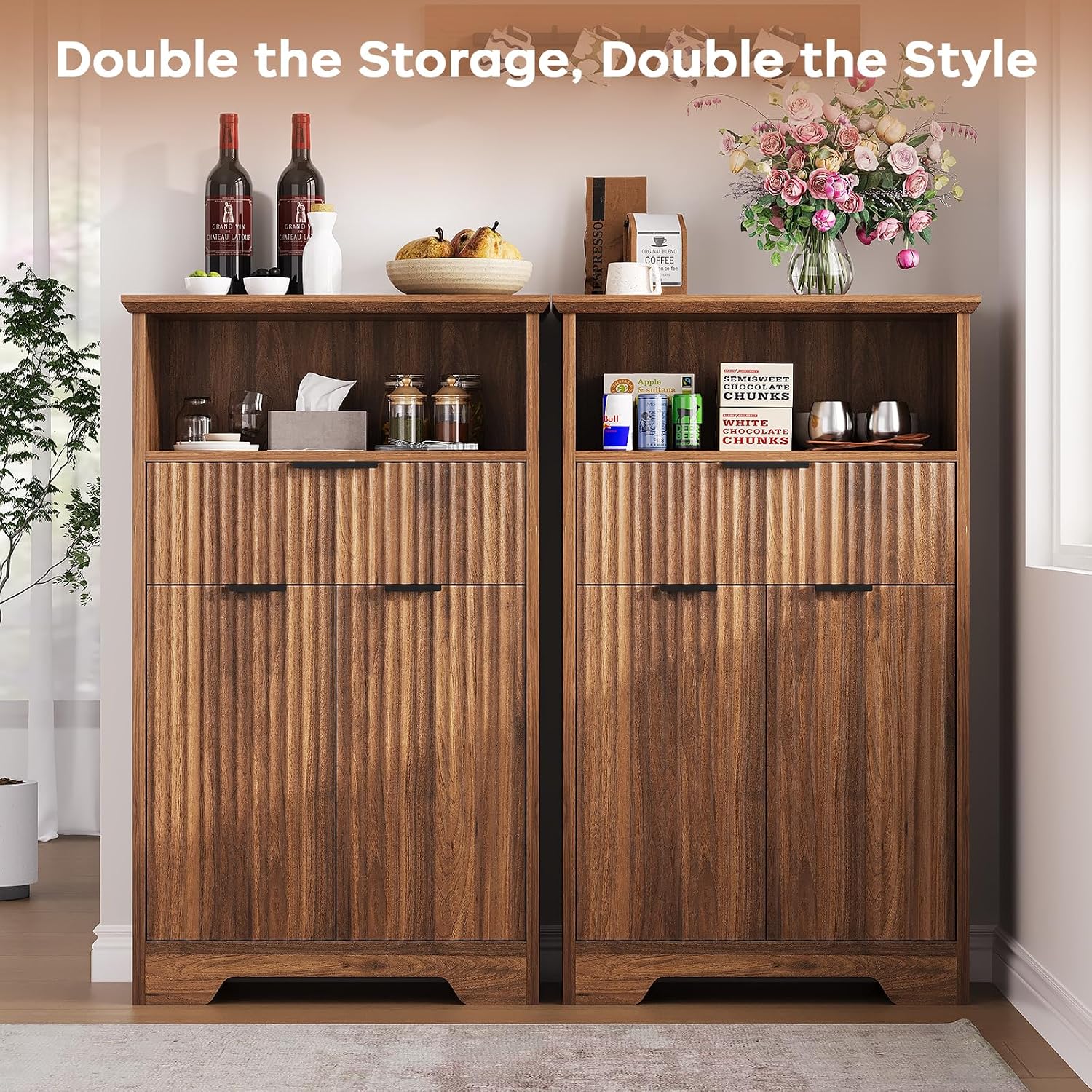 Fluted Buffet Cabinet with Storage, Modern Coffee Bar Cabinet with Drawer & Adjustable Shelf, Wood Sideboard Cabinet for Kitchen, Bathroom, Entryway and Living Room Walnut