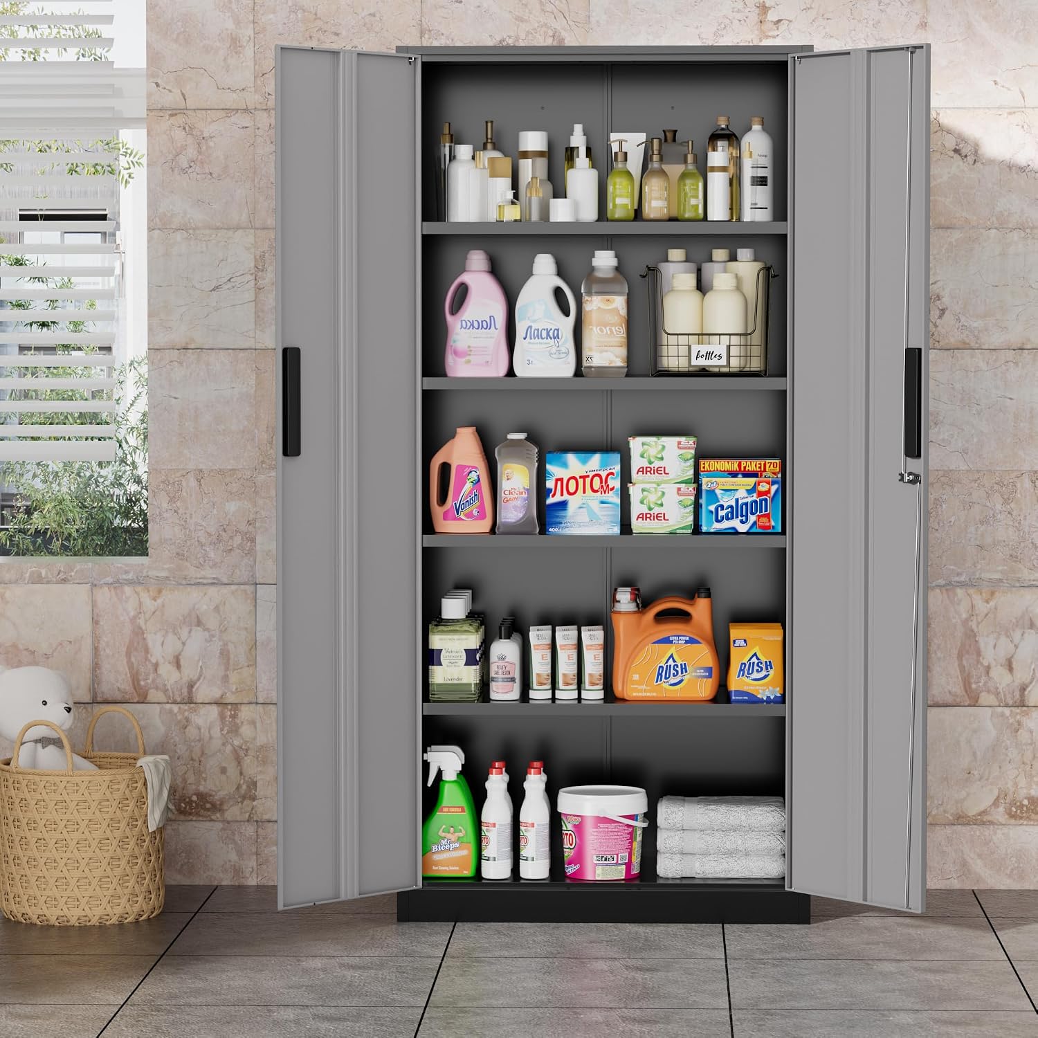 Greenvelly Metal Garage Storage Cabinet, 72' Black Gray Tool Steel Locking Cabinet with Doors and 4 Shelves, Tall Cabinets for Garage Storage Systems Lockable File Cabinet for Home Office,Garage