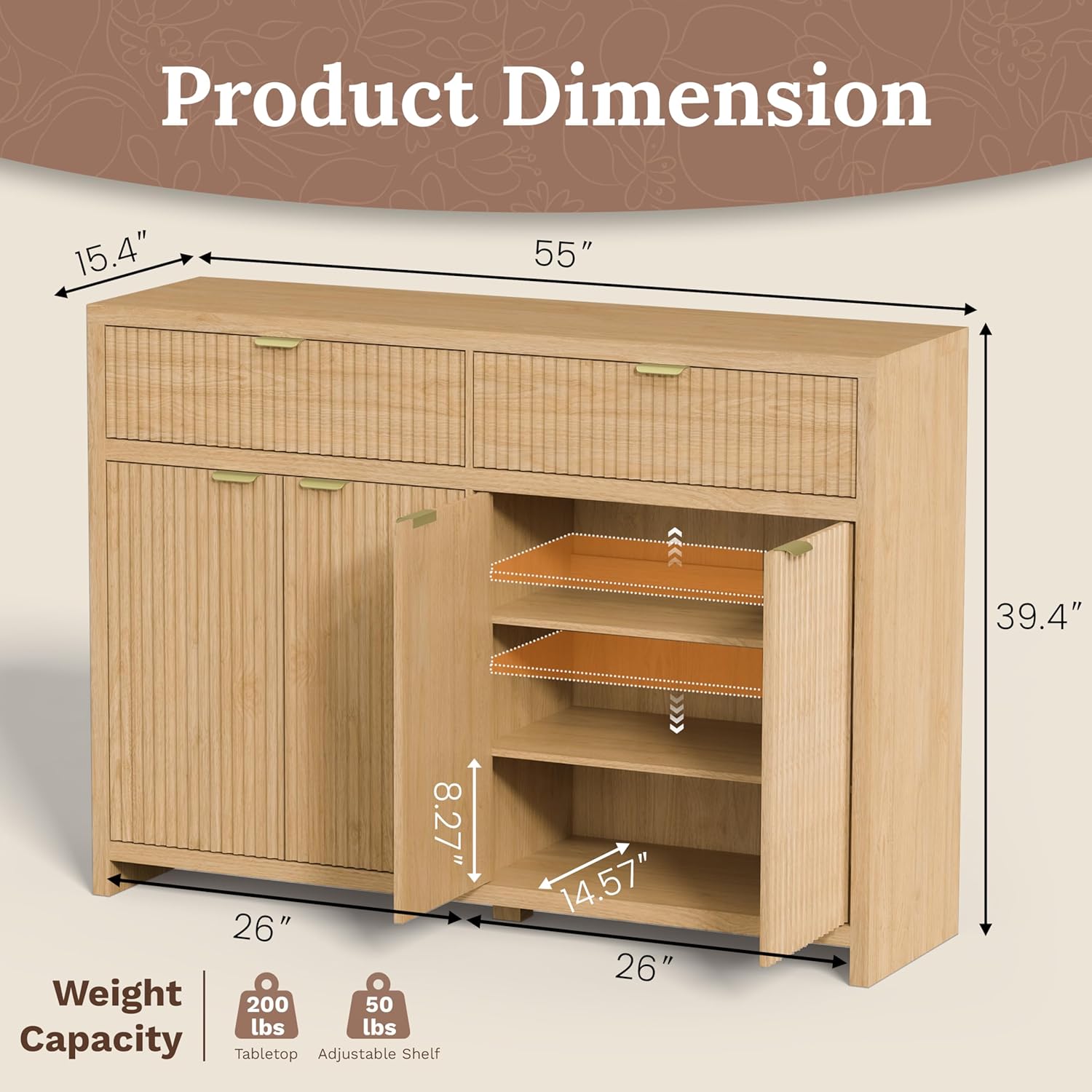 55' W Sideboard Buffet Cabinet with Storage, Fluted Cabinet with 2 Drawers & 4 Doors, Wood Kitchen Cabinet with Adjustable Shelves for Living Room,Kitchen and Dining Room - Wood