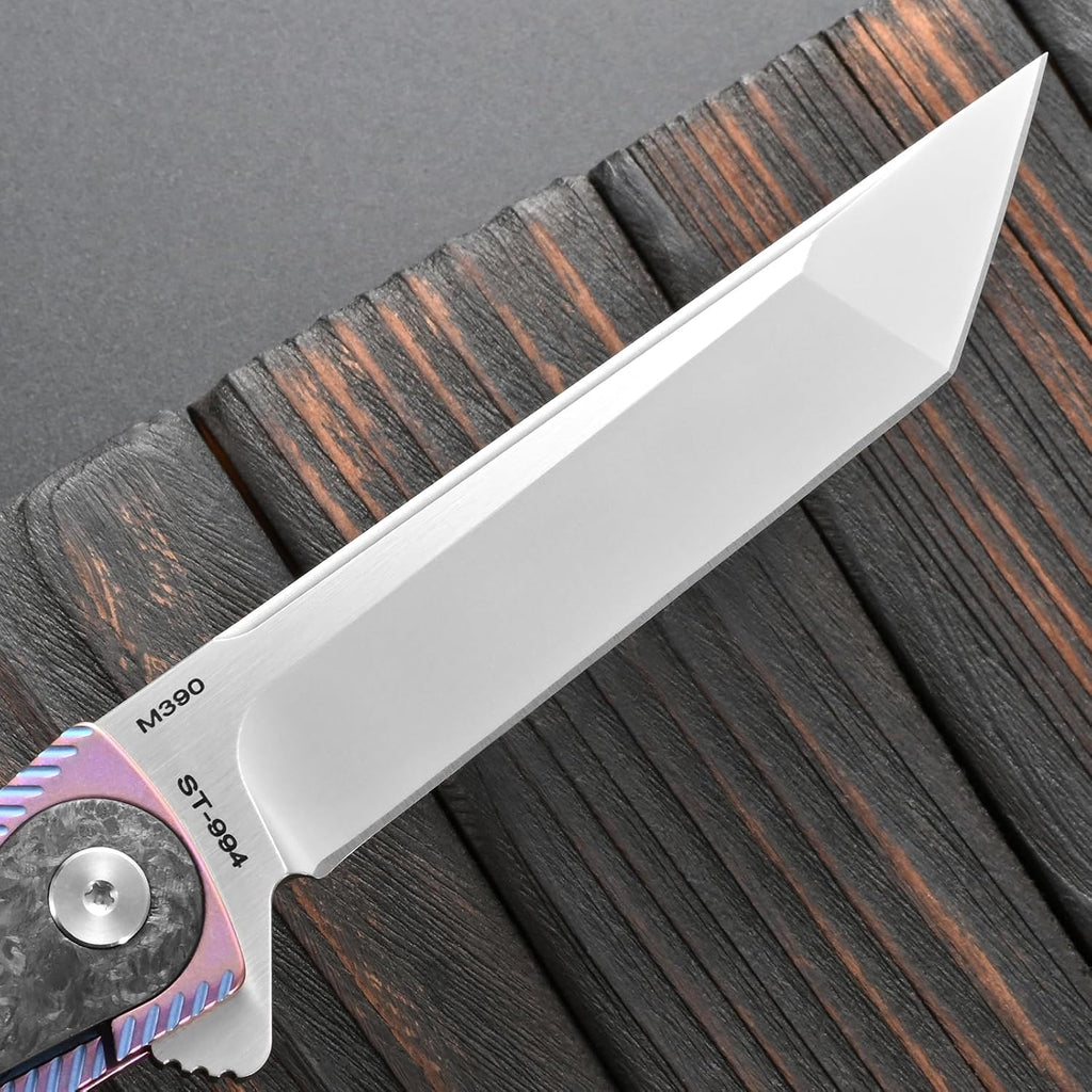 Sitivien ST994 Folding Knife, Handmade M390 Brushed Steel Blade Titanium Carbon Fiber Handle with Ball Bearing for Outdoor Camping Hiking Survival (Pink)