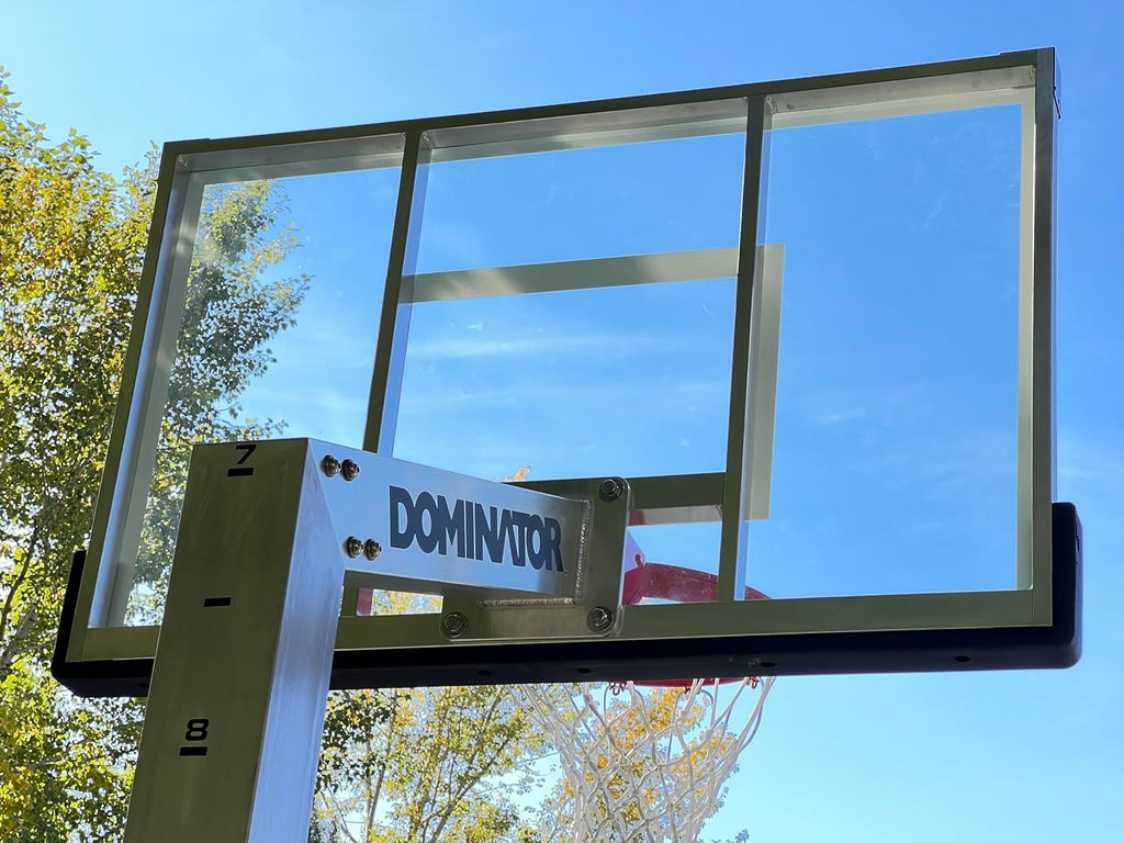 DOMINATOR Premium Inground Adjustable Basketball Hoop - 54' Backboard w/ 2.5' Overhang - Aluminum Adjustable Basketball Goal - Adjusts from 7.5' - 10', Made of Heavy Duty Rust Proof Aluminum