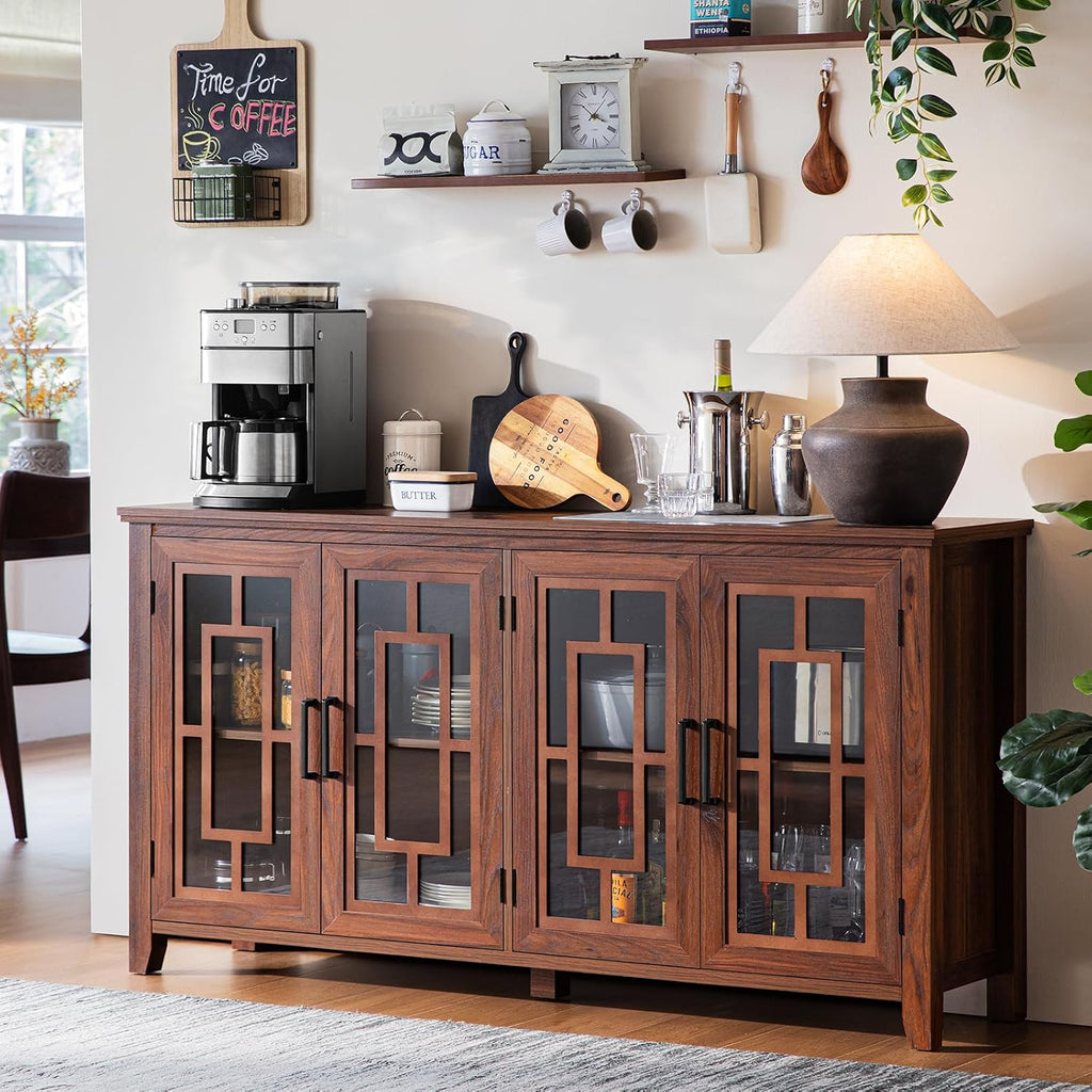 Joaxswe Large Sideboard Buffet Cabinet with Storage, 63' Farmhouse Brown Kitchen Coffee Wine Bar Cabinet with 4 Glass Doors, Wood Mid Century Modern Side Board Table for Dining Room, Living Room