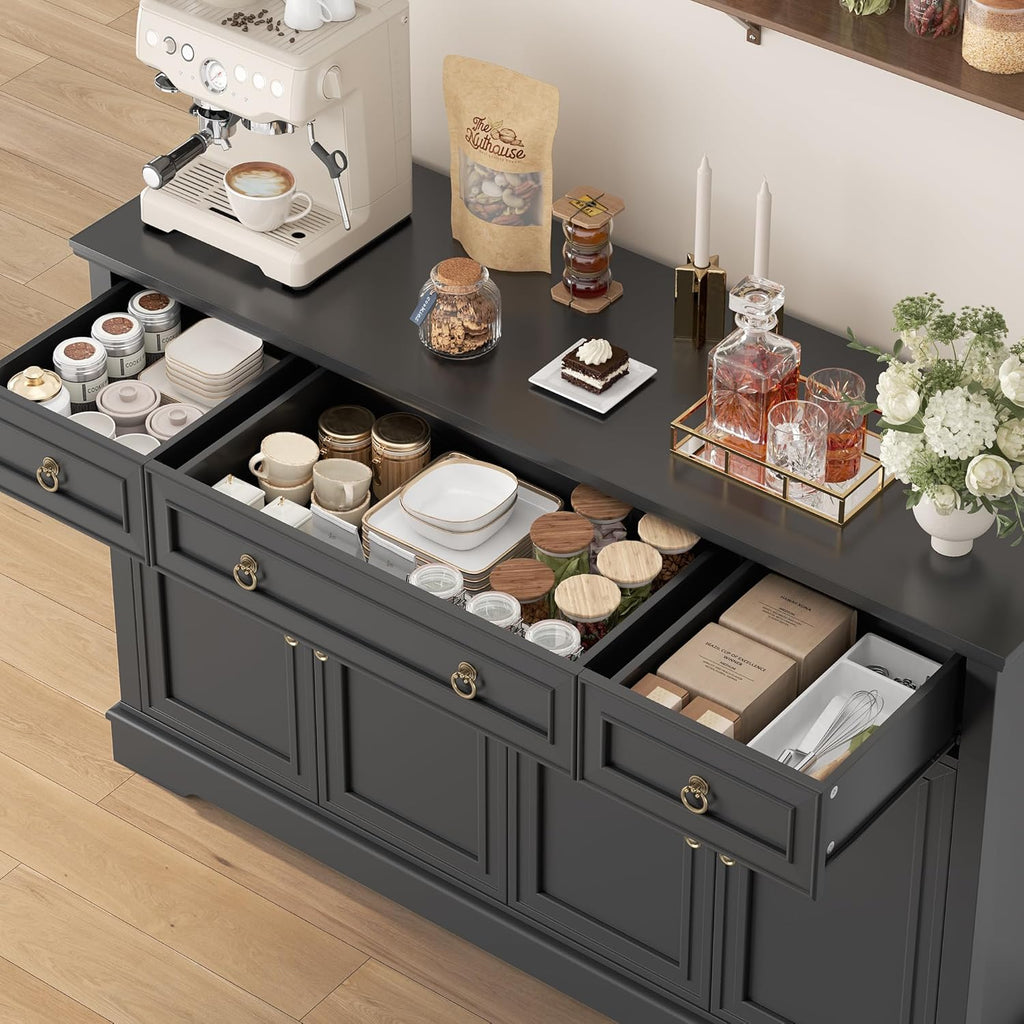 FINETONES Buffet Cabinet with Storage, 52.7' Large Sideboard Buffet Table, Black Kitchen Cabinet with 3 Drawers and 4 Doors, Wood Coffee Bar for Kitchen Dining Room, Black