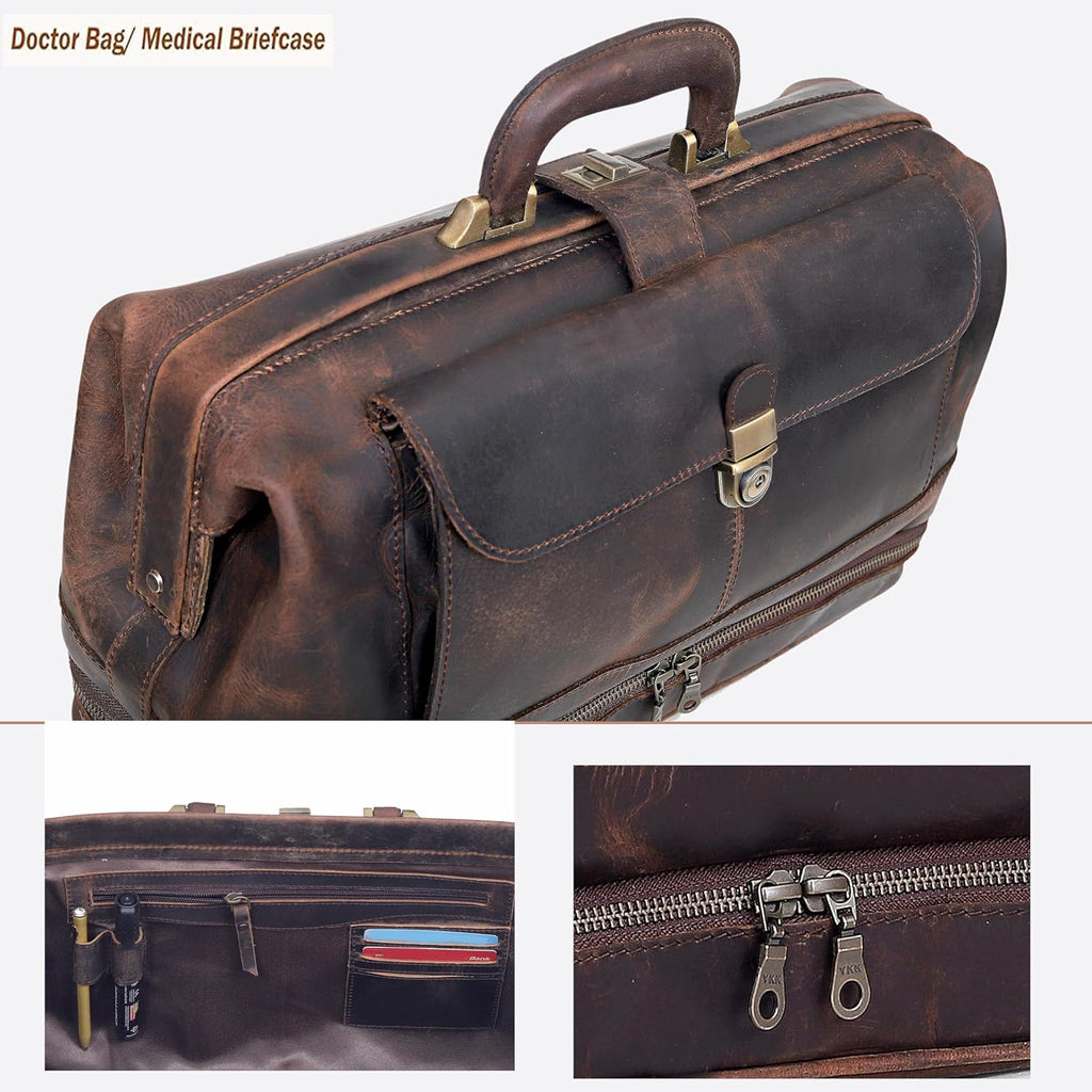 HLC Vintage Leather Briefcase Doctor Bag - Real Leather Briefcase - Style Handbag - Italian Handmade Medical Bag