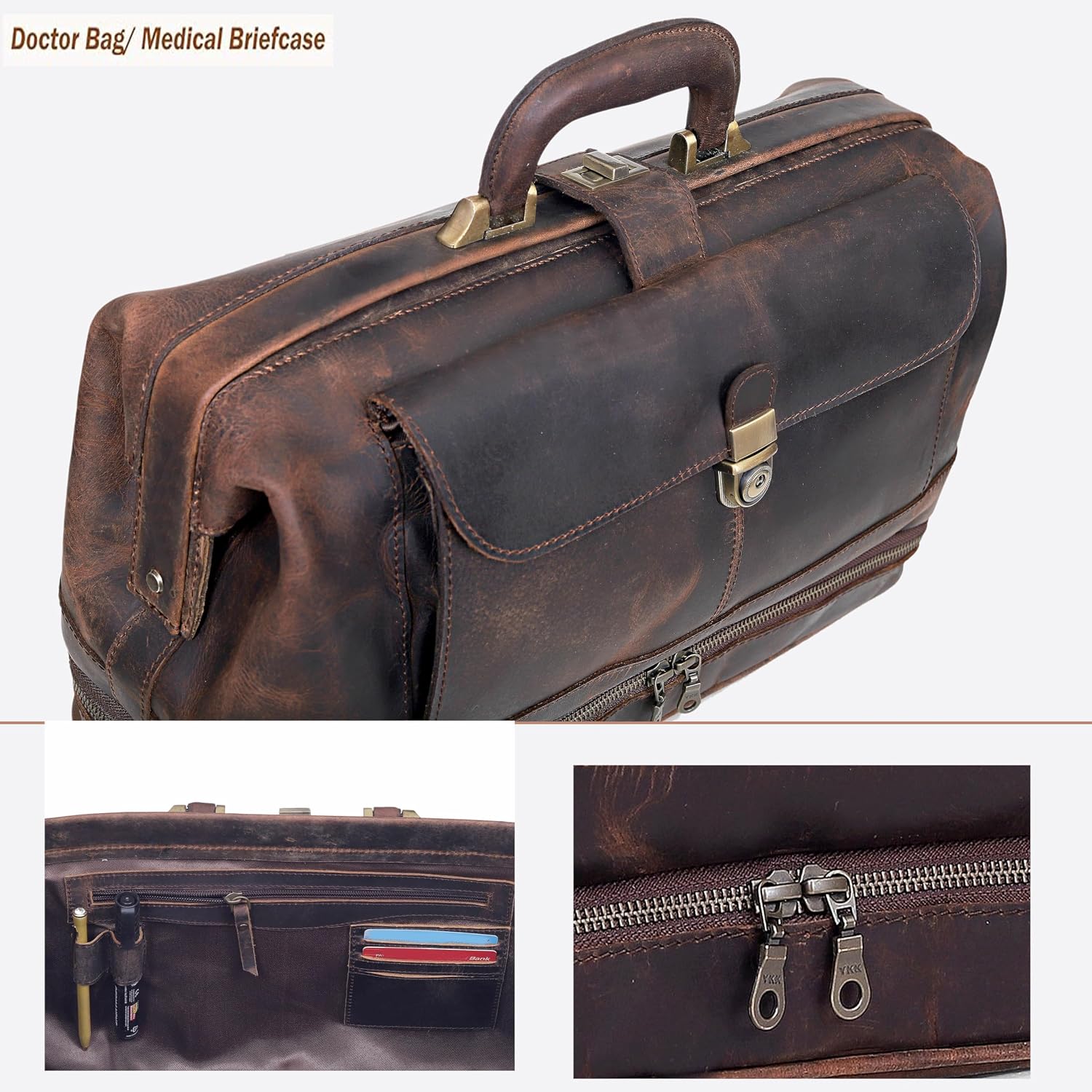 HLC Vintage Leather Briefcase Doctor Bag - Real Leather Briefcase - Style Handbag - Italian Handmade Medical Bag