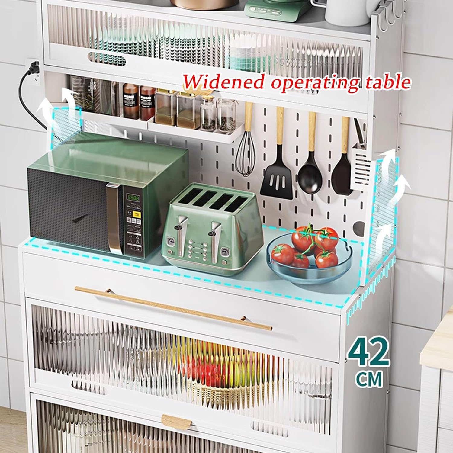 JKGHK 5-Tier Bakers Racks with Storage for Kitchens, Microwave Stand on Wheels with Flip Door Cabinets and Pegboard, Tall Kitchen Pantry Cabinet with Drawer for Home(White,100cm/39.3in)