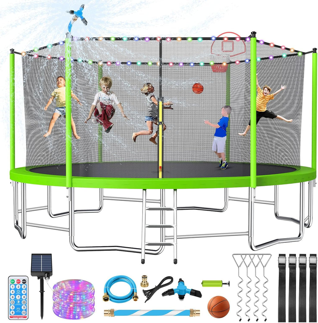 Lyromix Upgraded Trampoline with Lights, Large Outdoor Trampoline with Sprinkler,Basketball Hoop and Net, Capacity for 5-8 Kids and Adults
