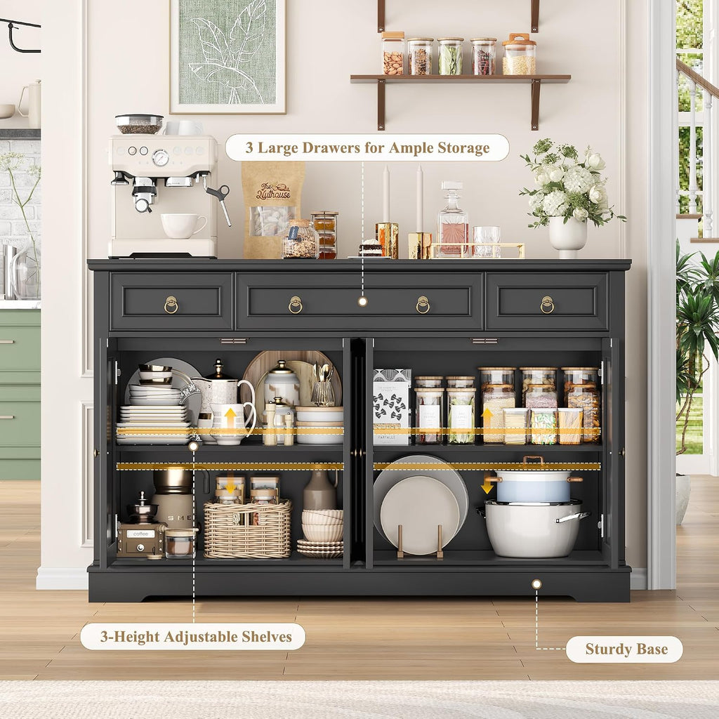 FINETONES Buffet Cabinet with Storage, 52.7' Large Sideboard Buffet Table, Black Kitchen Cabinet with 3 Drawers and 4 Doors, Wood Coffee Bar for Kitchen Dining Room, Black