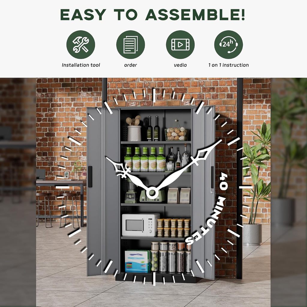 Greenvelly Metal Garage Storage Cabinet, 72' Black Gray Tool Steel Locking Cabinet with Doors and 4 Shelves, Tall Cabinets for Garage Storage Systems Lockable File Cabinet for Home Office,Garage