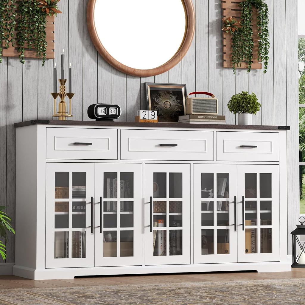 Gyfimoie 63' Sideboard Buffet Cabinet with Glass Doors, Farmhouse Large Buffet Table with 3 Storage Drawers, Modern Coffee Bar Wine Bar Cabinet with Adjustable Shelves for Kitchen, Dining Room, White