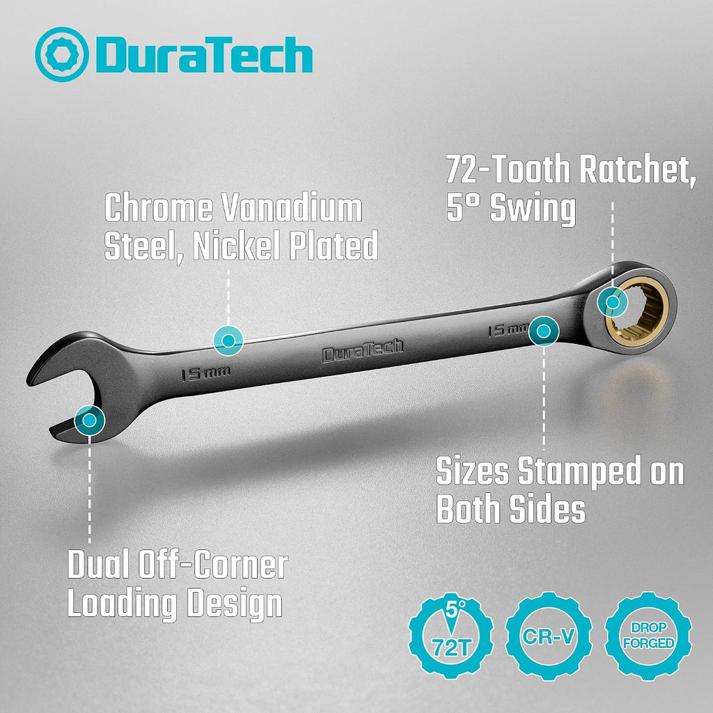 DURATECH Ratcheting Wrench Set, Anti-Slip Wrench Set, SAE & Metric, 44-piece, 1/4' to 3/4' & 6-18mm, CR-V Steel, with Pouch