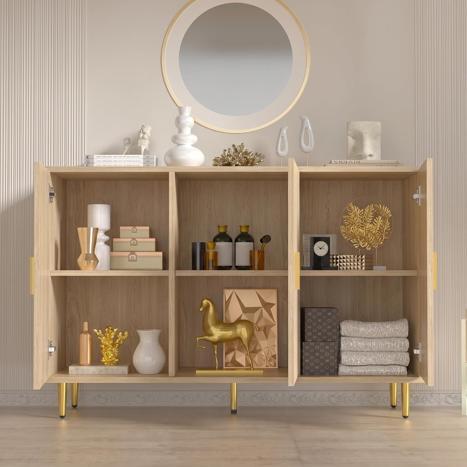DIYART Oak Sideboard Buffet Cabinet, Accent Coffee Bar Cabinet with 3 Doors, Entryway Cabinet for Living Room, Kitchen, Hallway