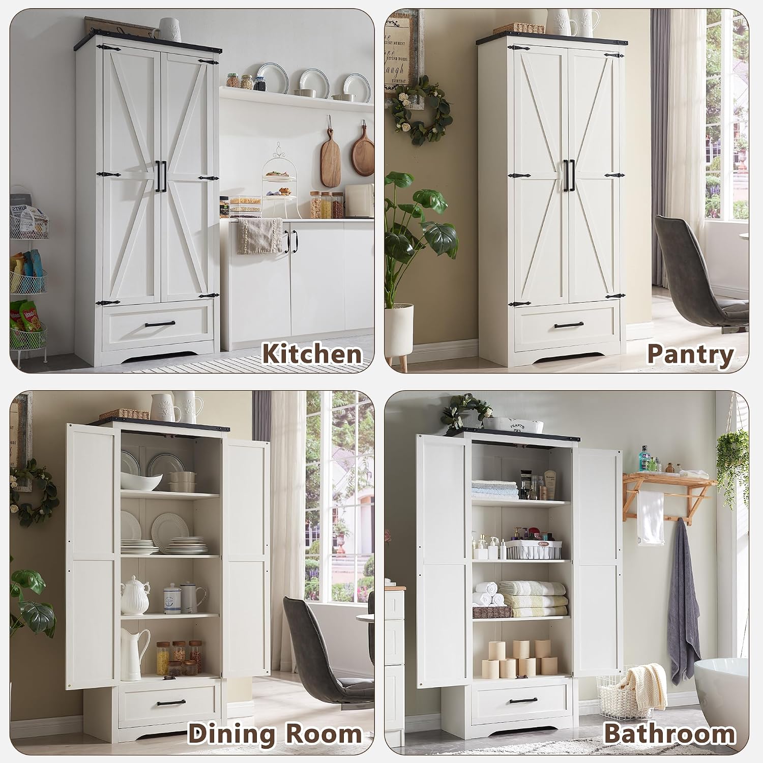 72' Tall Wood Storage Cabinet, Farmhouse Kitchen Pantry Cabinet with Adjustable Shelves & Drawer & Barn Doors, Versatile Storage for Kitchen, Dining Room, Bathroom, Antique White