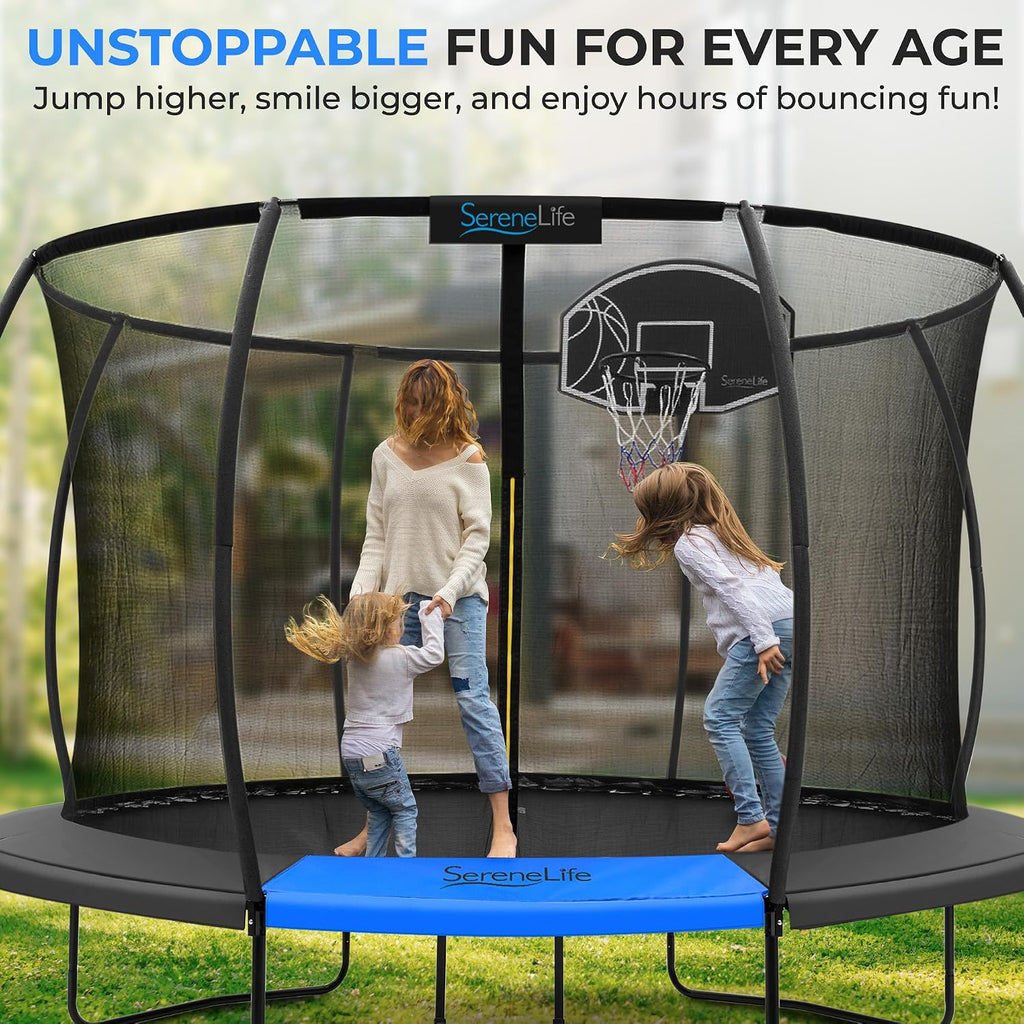 SereneLife Trampoline Outdoor 8FT 10FT 12FT 14FT with Enclosure Net, Ladder and Anti-Rust Coating - ASTM Approved Recreational Trampolines - Heavy Duty Yard Trampolines for Kids and Adults