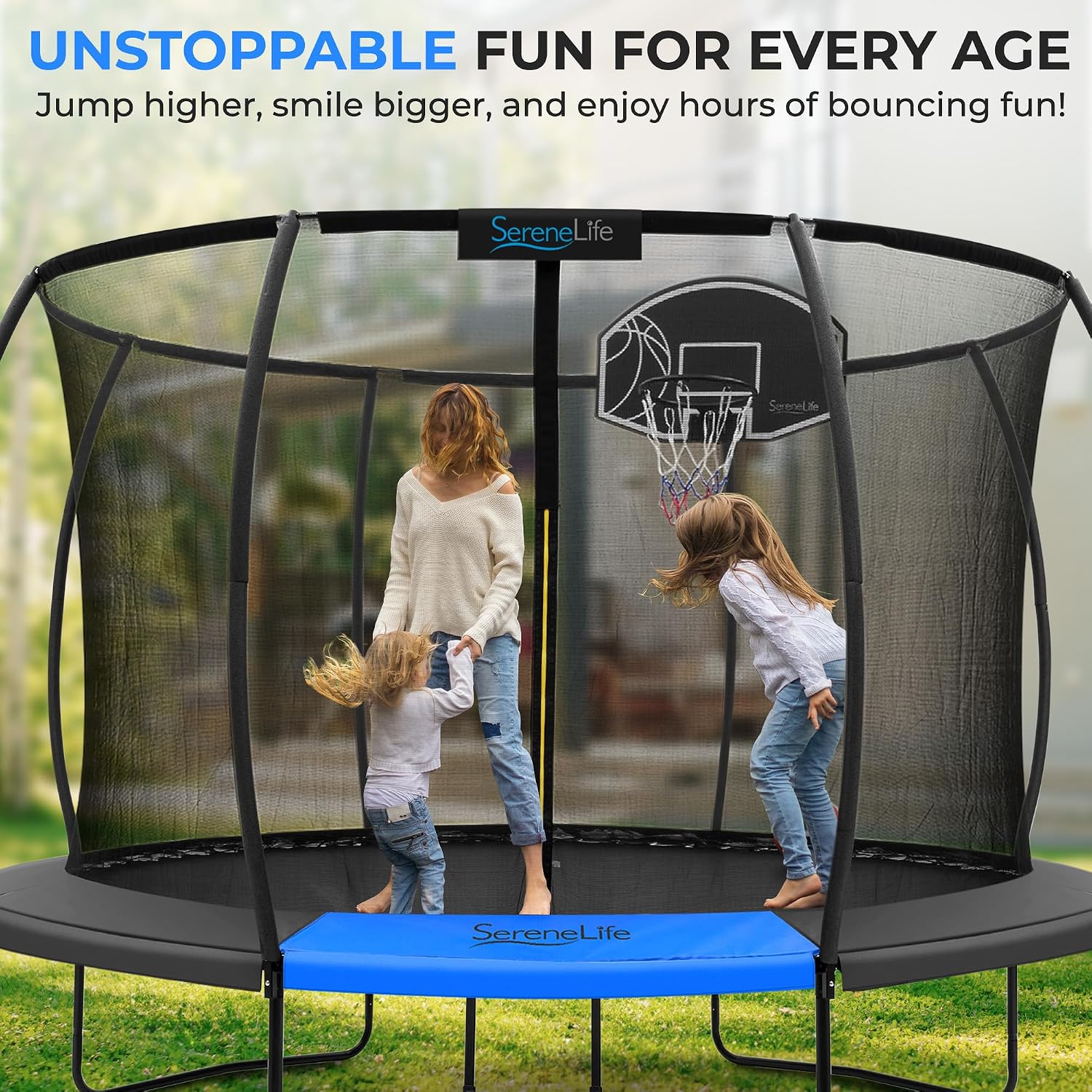SereneLife Trampoline Outdoor 8FT 10FT 12FT 14FT with Enclosure Net, Ladder and Anti-Rust Coating - ASTM Approved Recreational Trampolines - Heavy Duty Yard Trampolines for Kids and Adults