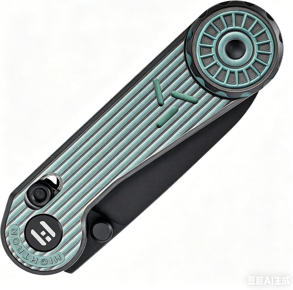 Hightron EdgePlay, Bulit-in Pop-Coin Fidget Knife, All-black, M390 Blade, Green AnodizedTitanium Handle, Axis Lock, CNC titanium Pocket Clip, Utility Playful EDC Gear