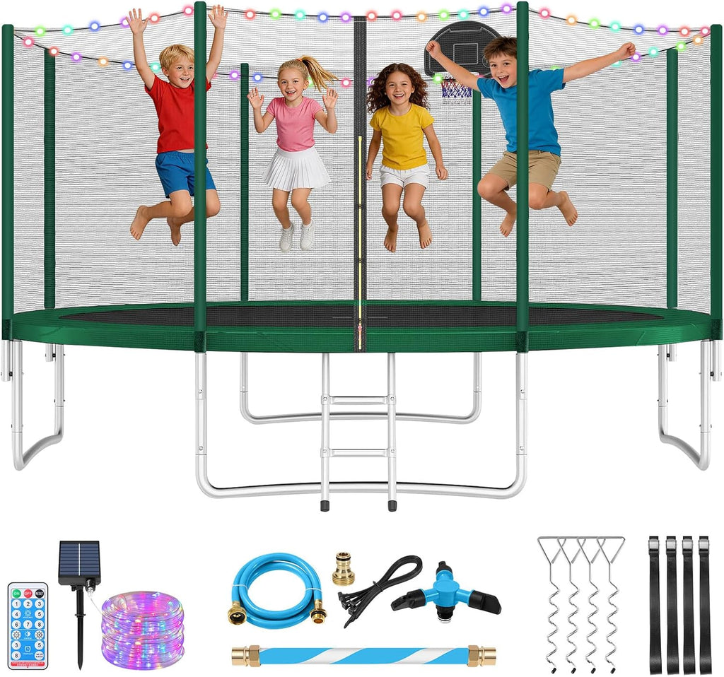 Lyromix Upgraded Trampoline with Lights, Large Outdoor Trampoline with Sprinkler,Basketball Hoop and Net, Capacity for 5-8 Kids and Adults