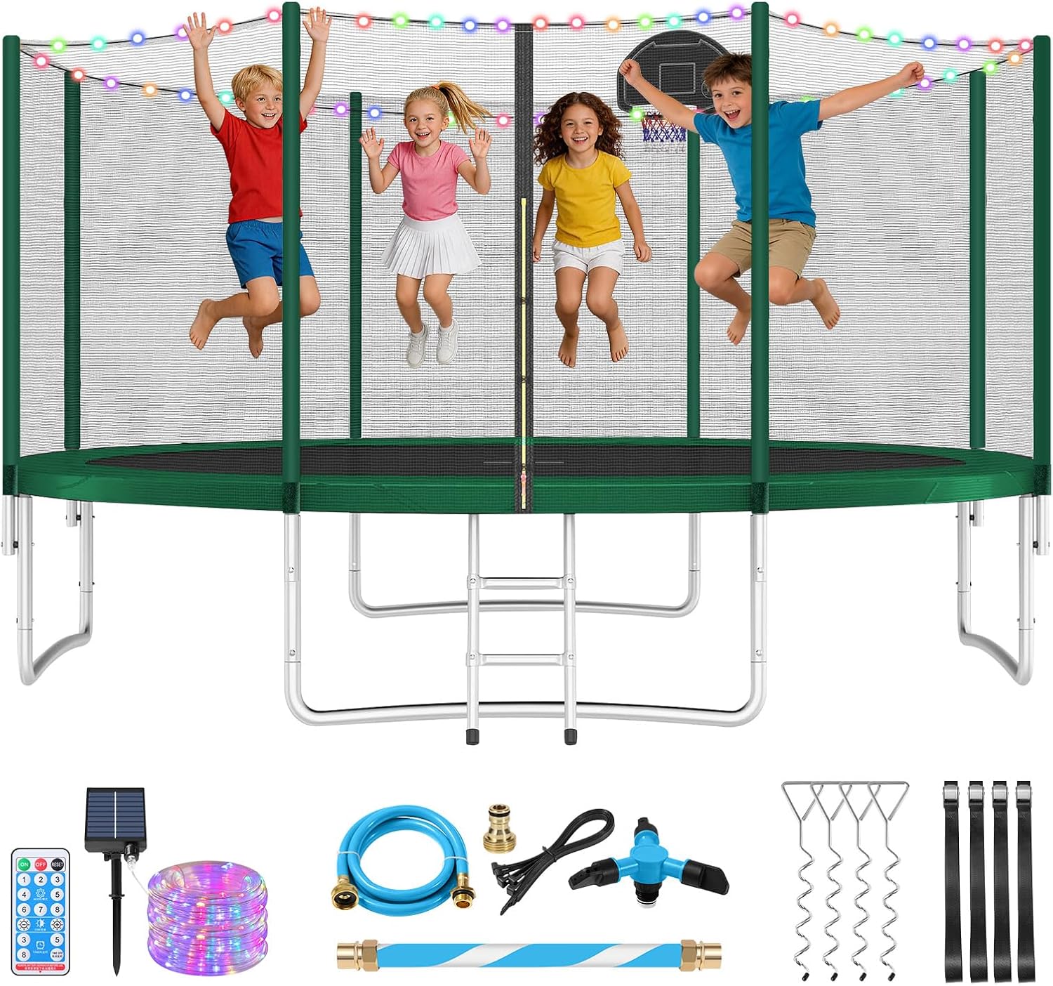 Lyromix Upgraded Trampoline with Lights, Large Outdoor Trampoline with Sprinkler,Basketball Hoop and Net, Capacity for 5-8 Kids and Adults