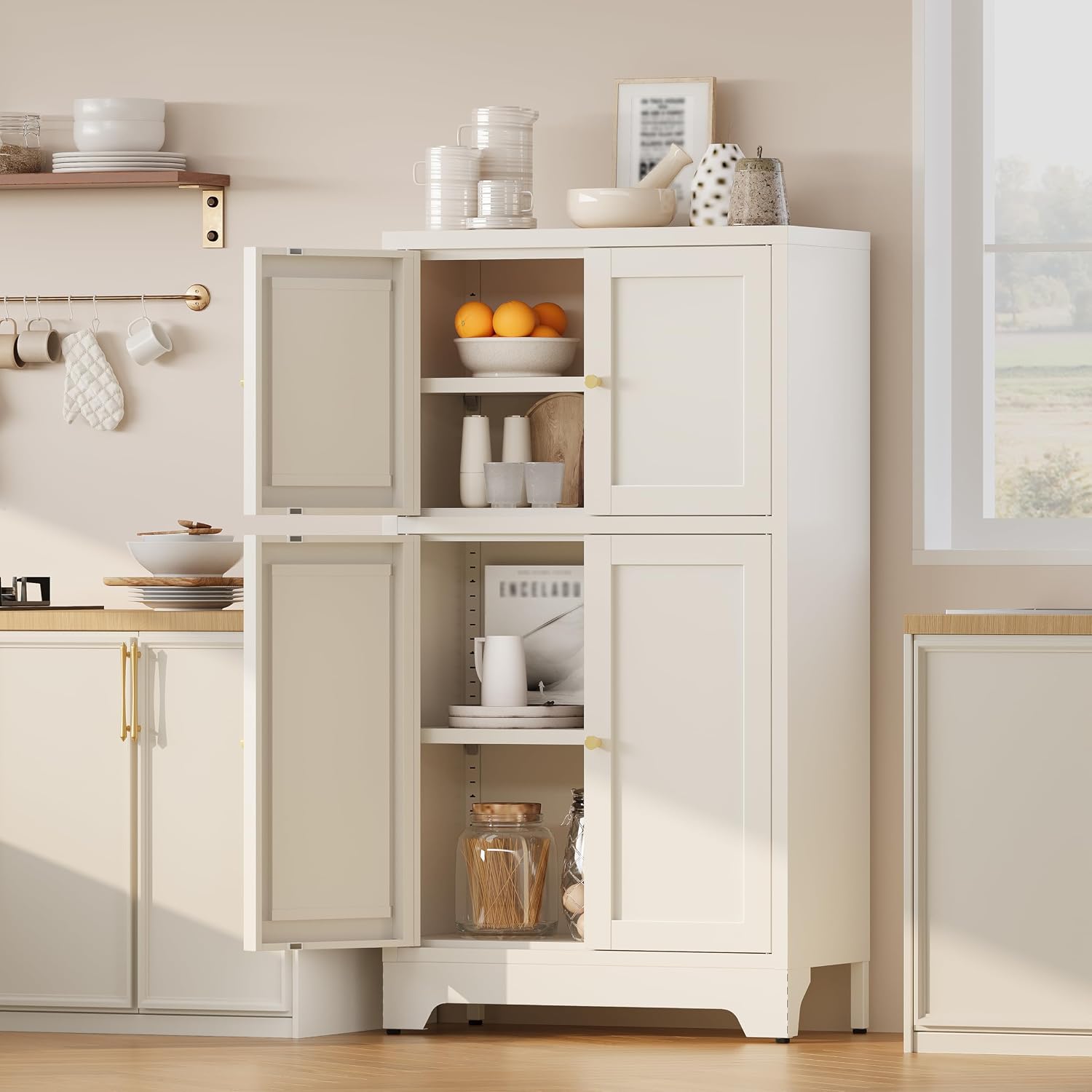 43' H Small Storage Cabinets,Metal White Pantry Cabinets with Doors,Food Pantry Cabinet with 4 Doors and Shelves for Kitchen Dining Room