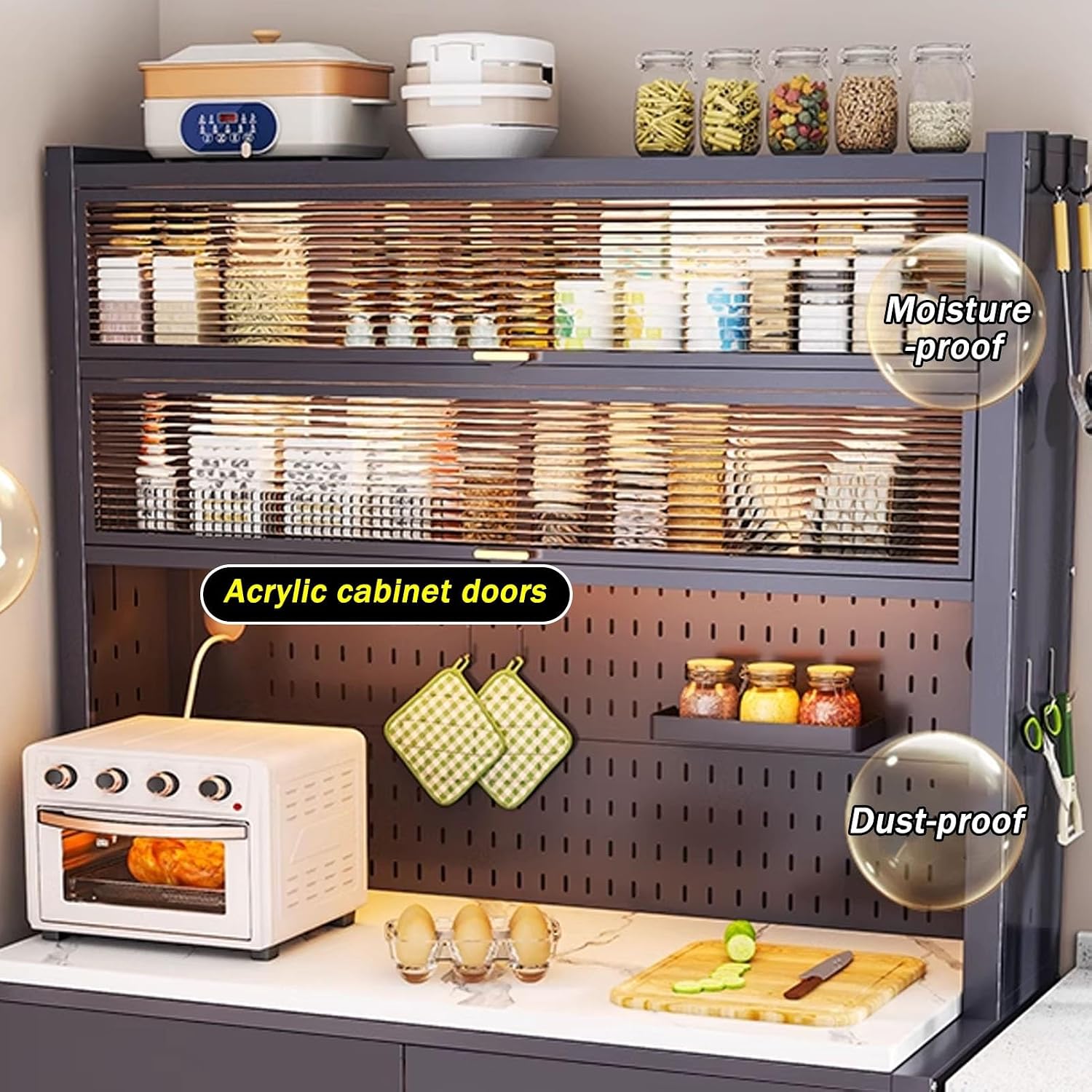 JKGHK Kitchen Storage Sideboard Cabinet, Tall Bakers Rack Countertop with Stone Slab Countertop, Standing Pantry with Pegboard and Adjustable Shelves for Home Coffee Bar(White,24x72in)