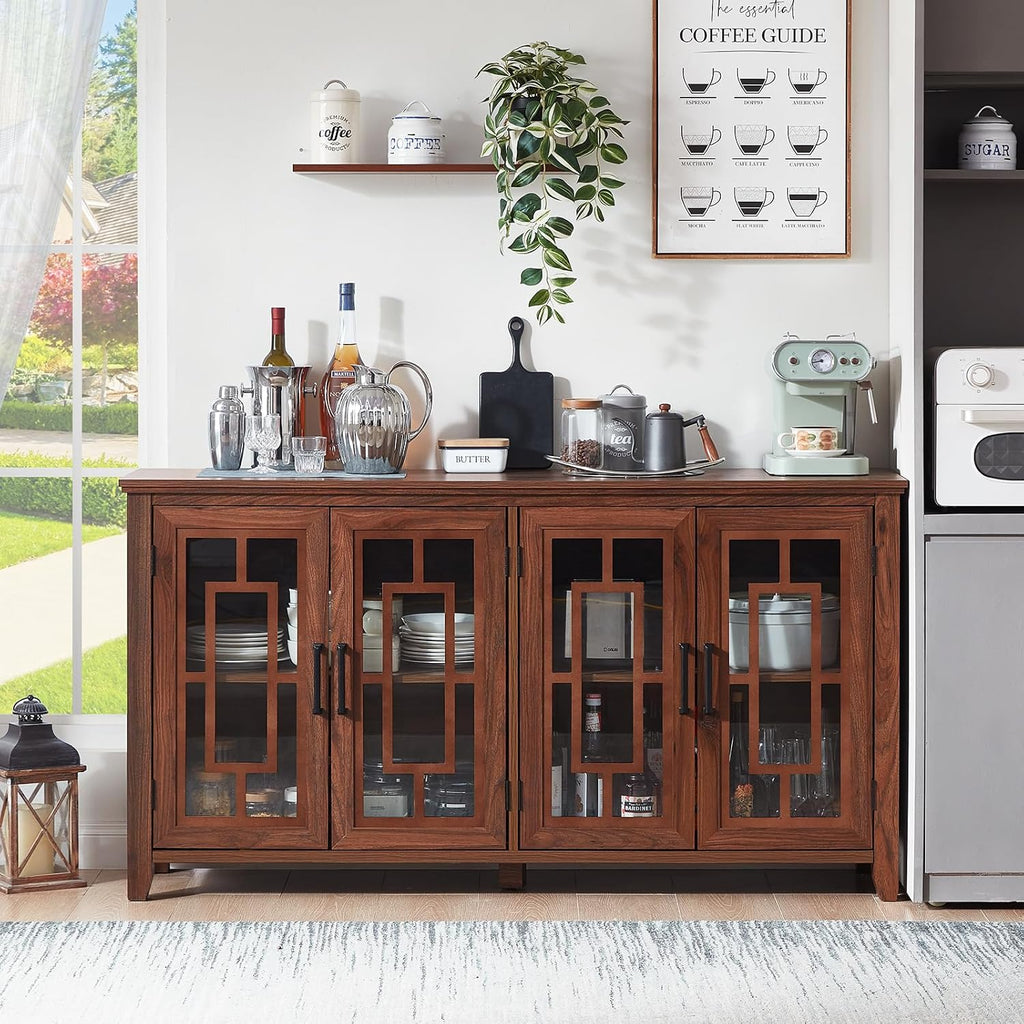 Joaxswe Large Sideboard Buffet Cabinet with Storage, 63' Farmhouse Brown Kitchen Coffee Wine Bar Cabinet with 4 Glass Doors, Wood Mid Century Modern Side Board Table for Dining Room, Living Room