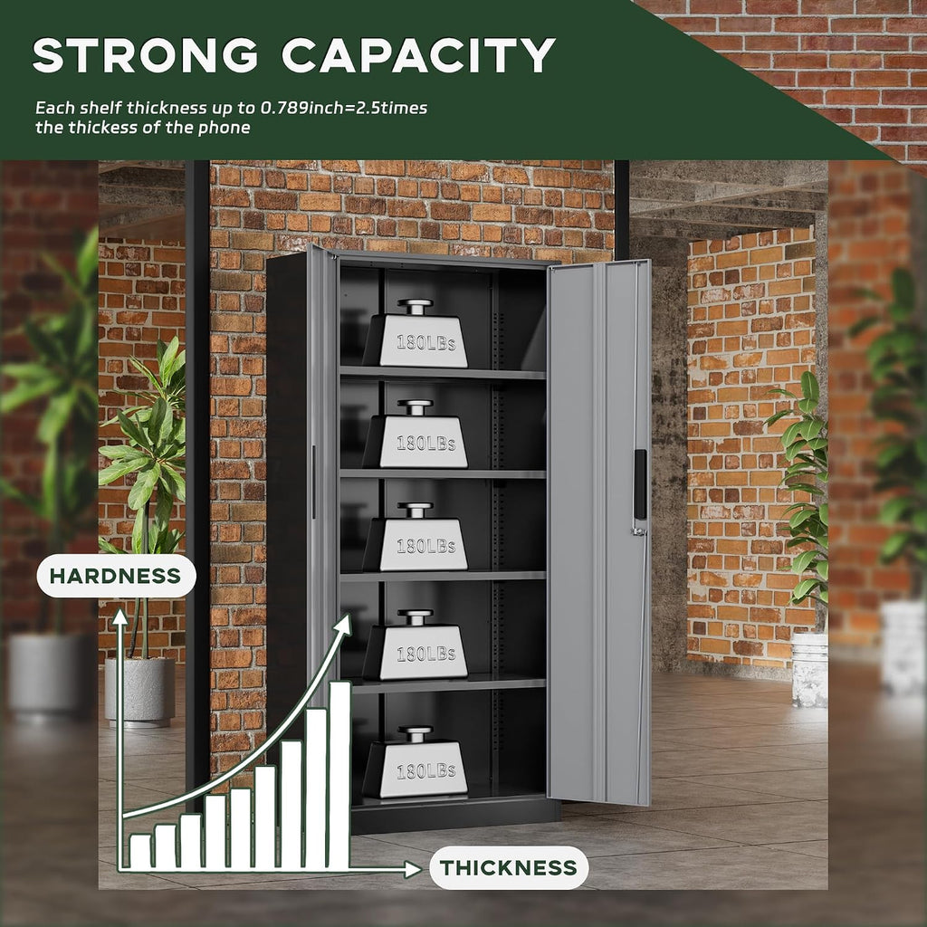 Greenvelly Metal Garage Storage Cabinet, 72' Black Gray Tool Steel Locking Cabinet with Doors and 4 Shelves, Tall Cabinets for Garage Storage Systems Lockable File Cabinet for Home Office,Garage