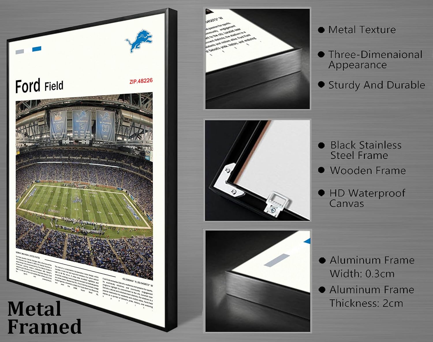 (Metal Frame 24'x36') FordField Canvas Print – Detroit Home Field Wall Art for Lions Fans, Sports poster for Game Room or Man Cave Decor