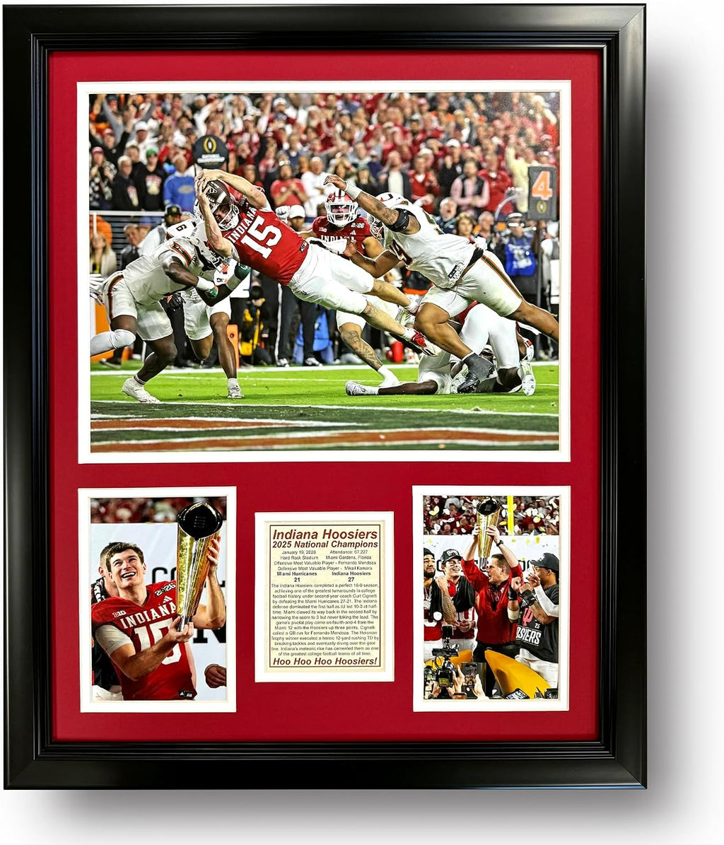 Indiana Hoosiers | 2025 CFP National Champions | Collectible Hoosier Football Memorabilia | Framed Picture & Photo Collage Gift, Man Cave Wall Art, Home & Room Decor | 2 Sizes & 2 Styles (Mendoza Dive, 18'x22')