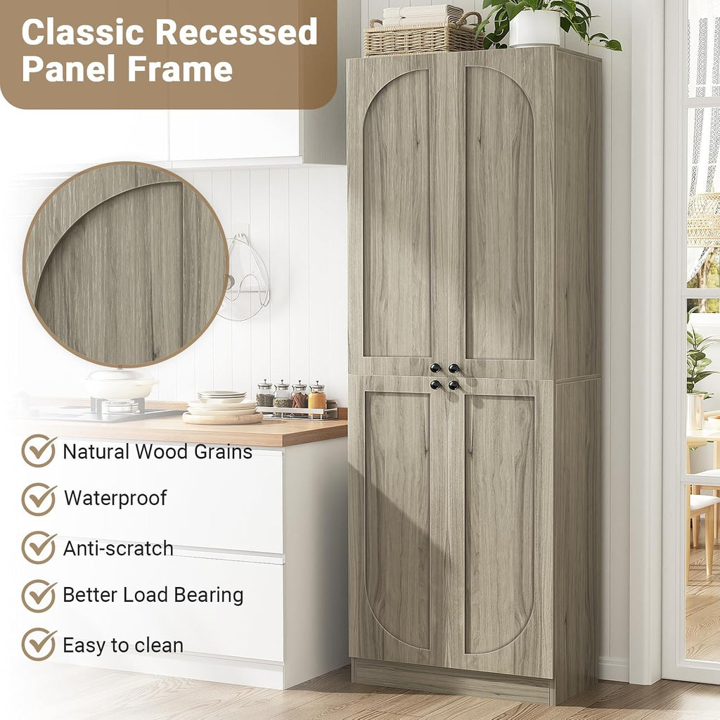 Cyclysio 80' Kitchen Pantry, Extra Tall Arch Storage Cabinet with 4 Soft Close Doors and Adjustable Shelves, Freestanding Wood Cupboard with Seamless Fit Wall for Dining Living Room Bathroom Furniture