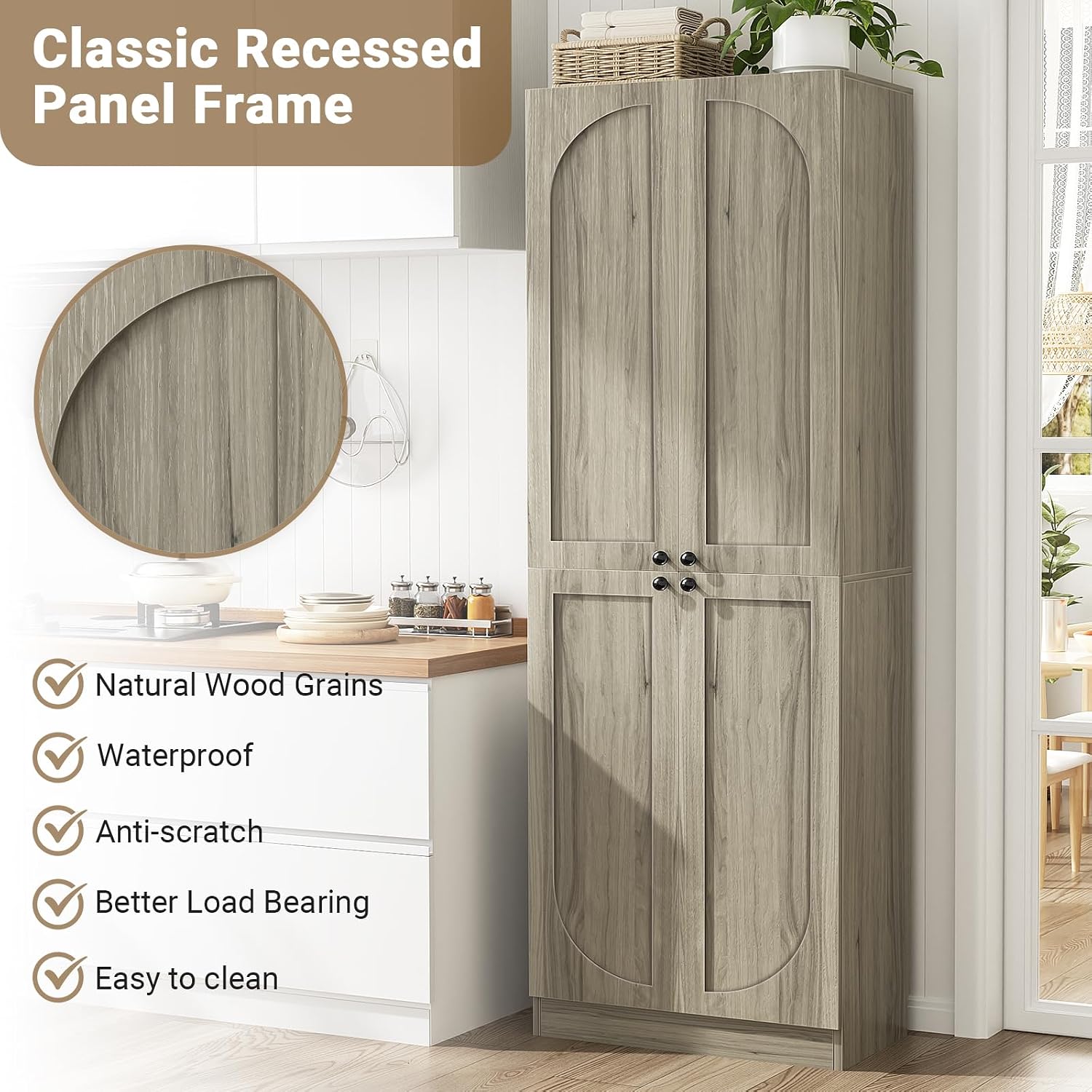 Cyclysio 80' Kitchen Pantry, Extra Tall Arch Storage Cabinet with 4 Soft Close Doors and Adjustable Shelves, Freestanding Wood Cupboard with Seamless Fit Wall for Dining Living Room Bathroom Furniture