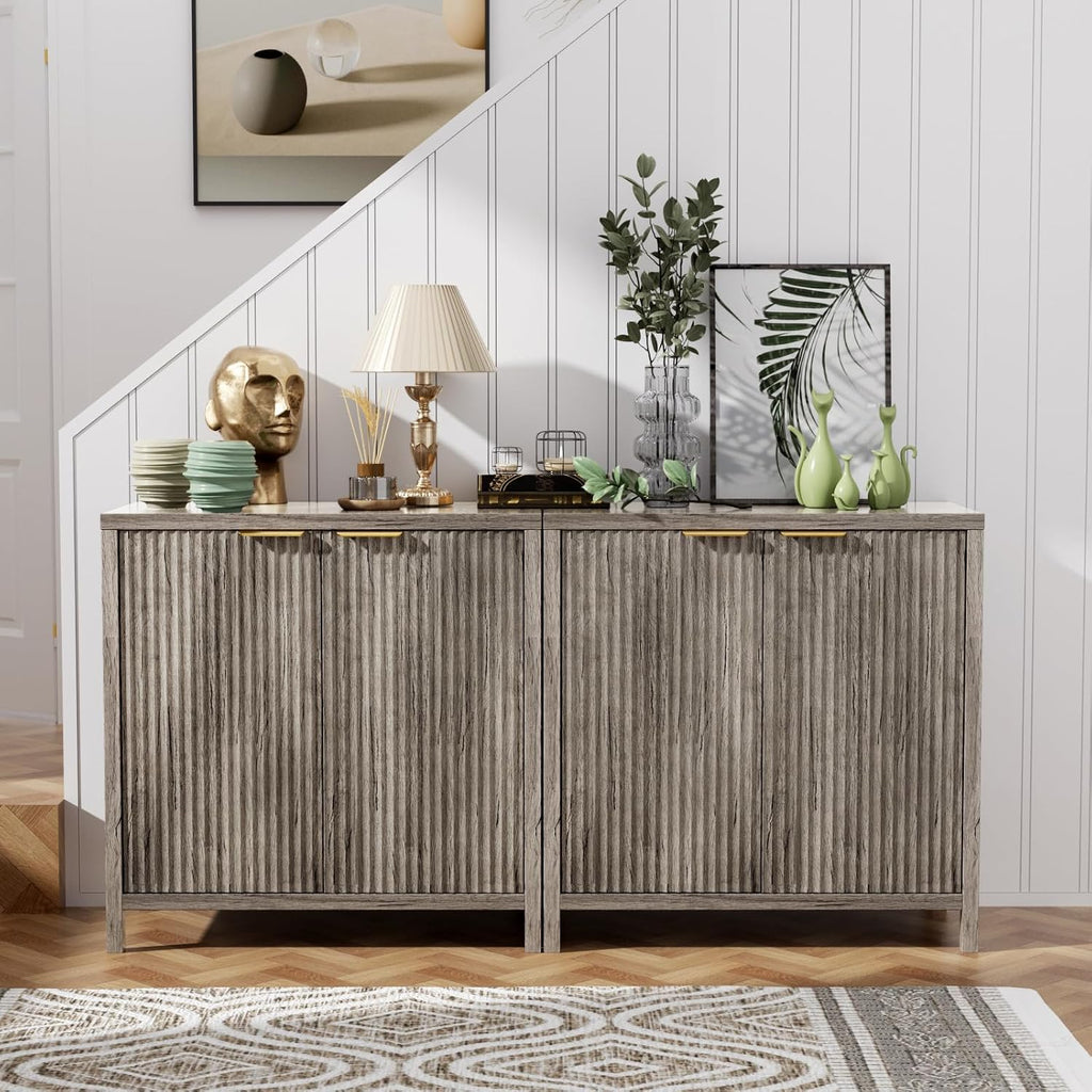 Sideboard Buffet Cabinet Set of 2, 31' Fluted Storage Cabinet with 2 Doors and Adjustable Shelves, Modern Sideboard Console Table for Living Room,Entryway,Dinning Room,Kitchen-Grey