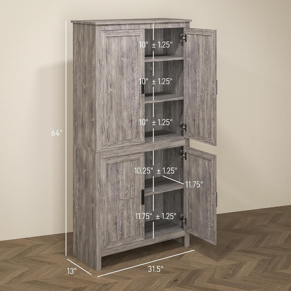 64' Adjustable Shelves Freestanding Storage Cabinet, Kitchen Storage Bakers Rack with Anti-Tipping Design, Utility Food Cupboard with 5-Tier Shelving for Home Kitchen Dining Room, Grey